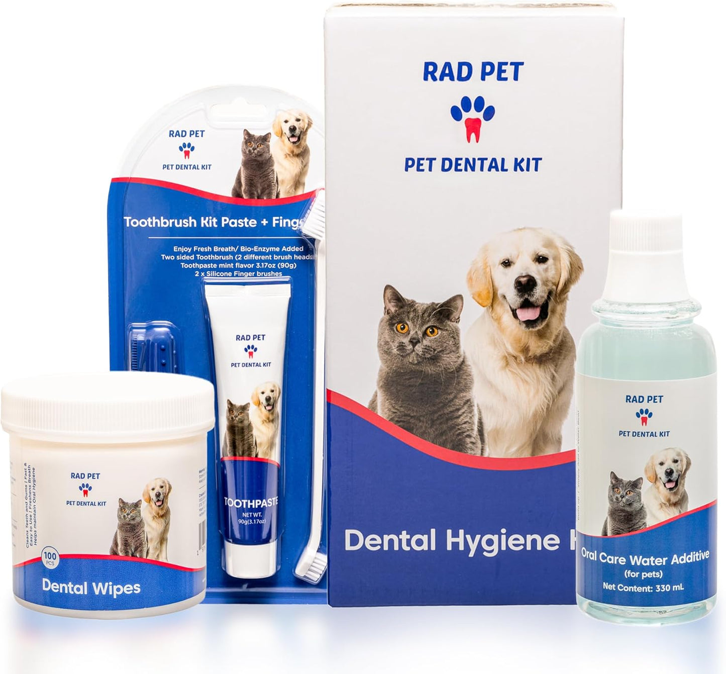 RAD PET - Advanced Pet Dental Hygiene Kit, Vet-Formulated Cat & Dog Tooth Brushing Kit, Complete Oral Care with Cat/Dog Toothbrush and Toothpaste (Enzymatic), Pet Dental Wipes & Water Additive