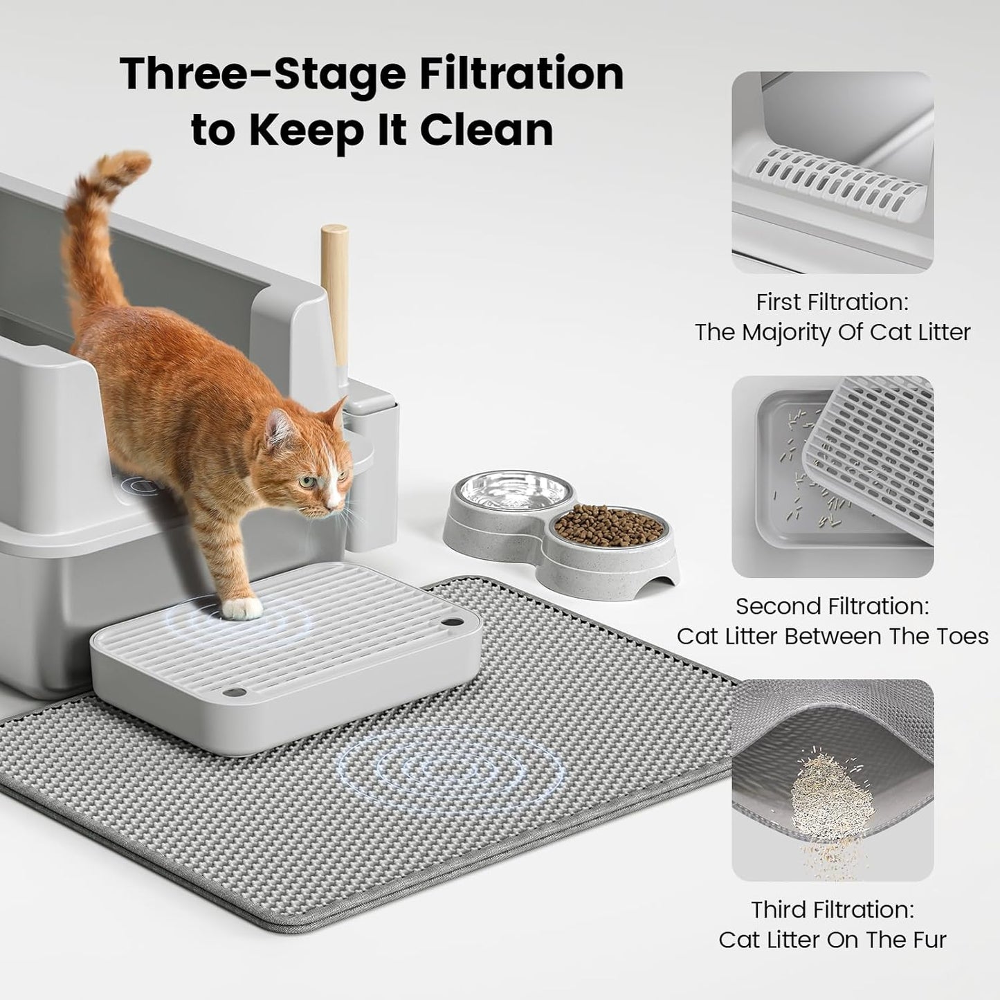 Stainless Steel Cat Litter Box - Enclosed XL Metal Kitty Litter Box with Lid for Big Cats, High Sided, Anti-Leakage, Easy Cleaning, Non-Sticky, Included Litter Mat, Cat Bowl & Spoon