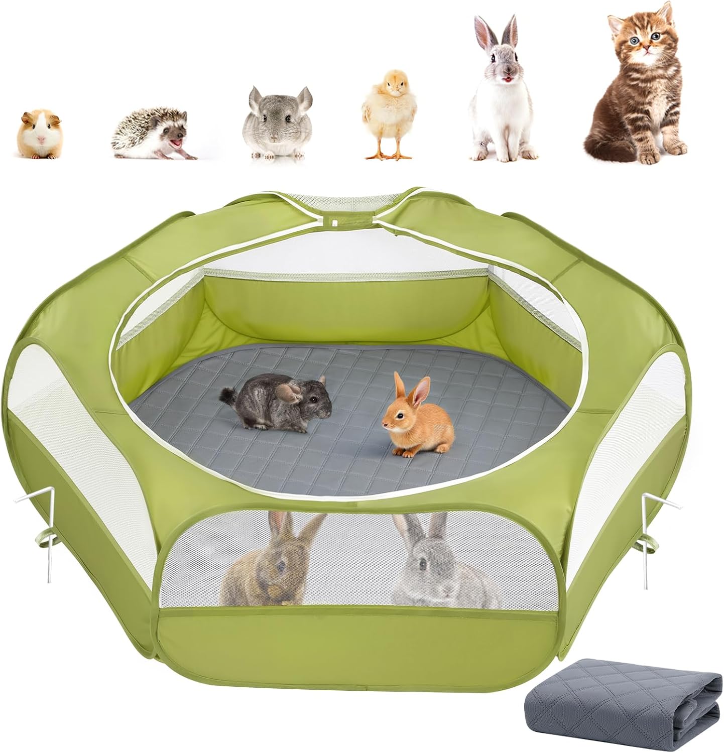 2-in-1 Small Animals Playpen with Pad, Waterproof Small Pet Cage Tent with Reusable Pad, Portable Outdoor Yard Fence with 3 Metal Rod for Chick/Kitten/Puppy/Guinea Pig/Rabbits/Chinchillas, Green