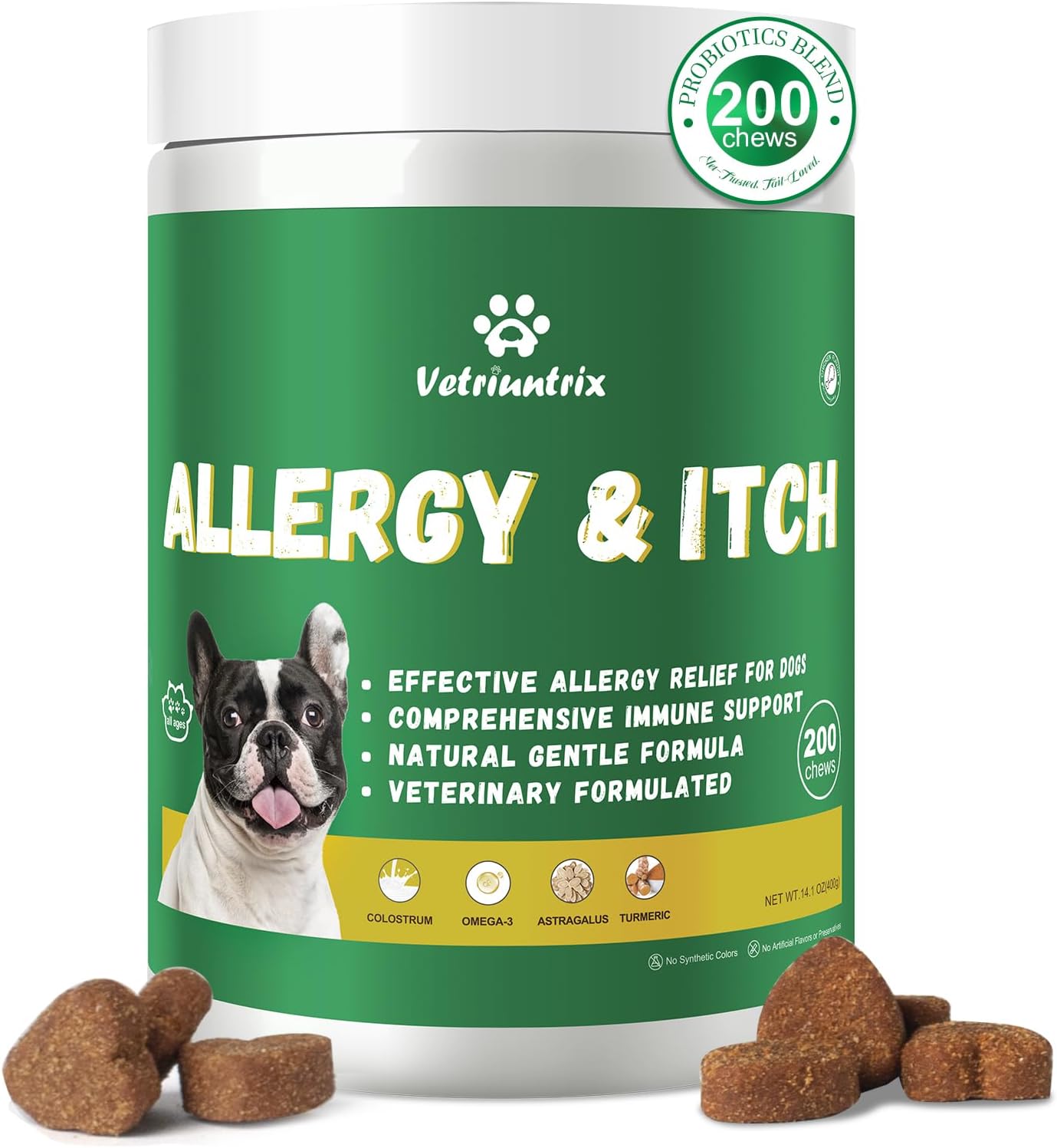 Dog Allergy Chews, Dog Itch Relief Chews for Large Dogs Paw Licking Itchy Skin, Probiotics with Omega-3 Turmeric Astragalus for Coat Immune Supplement-200ct