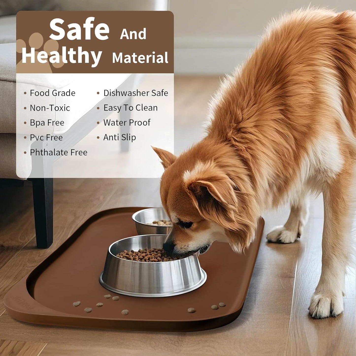 Silicone Pet Feeding Mat with Raised Edge & Residue Collection Pocket for Food and Water, Dog Bowl Mats, Cat Bowls Placemat with High Lip for Floor Waterproof, 22 x 14 x 0.8 Brown