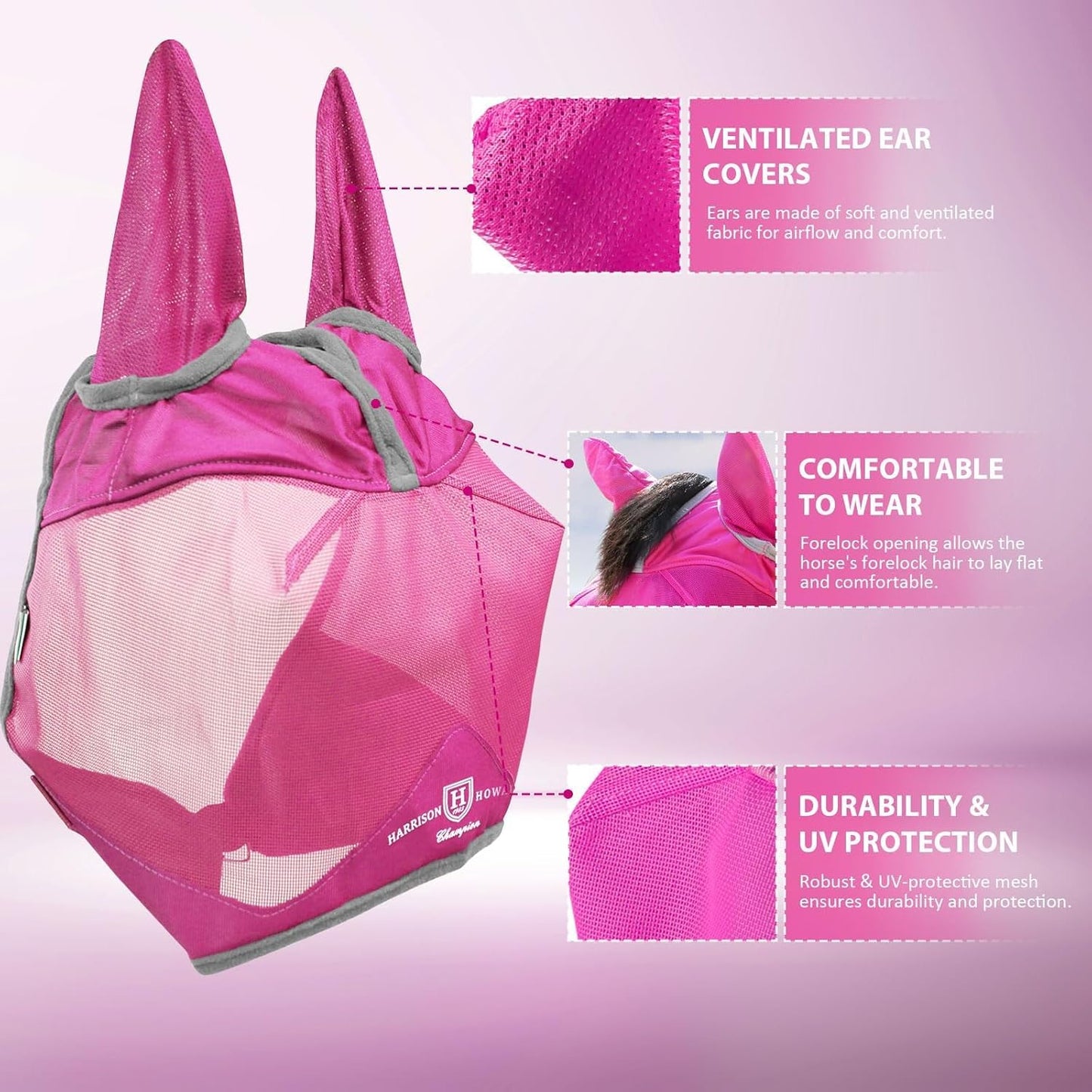 Harrison Howard UV-proof Multi-Function Fabrics Thick Fleece Padding Horse Fly Mask Half Face with Ears Magenta Horse Large
