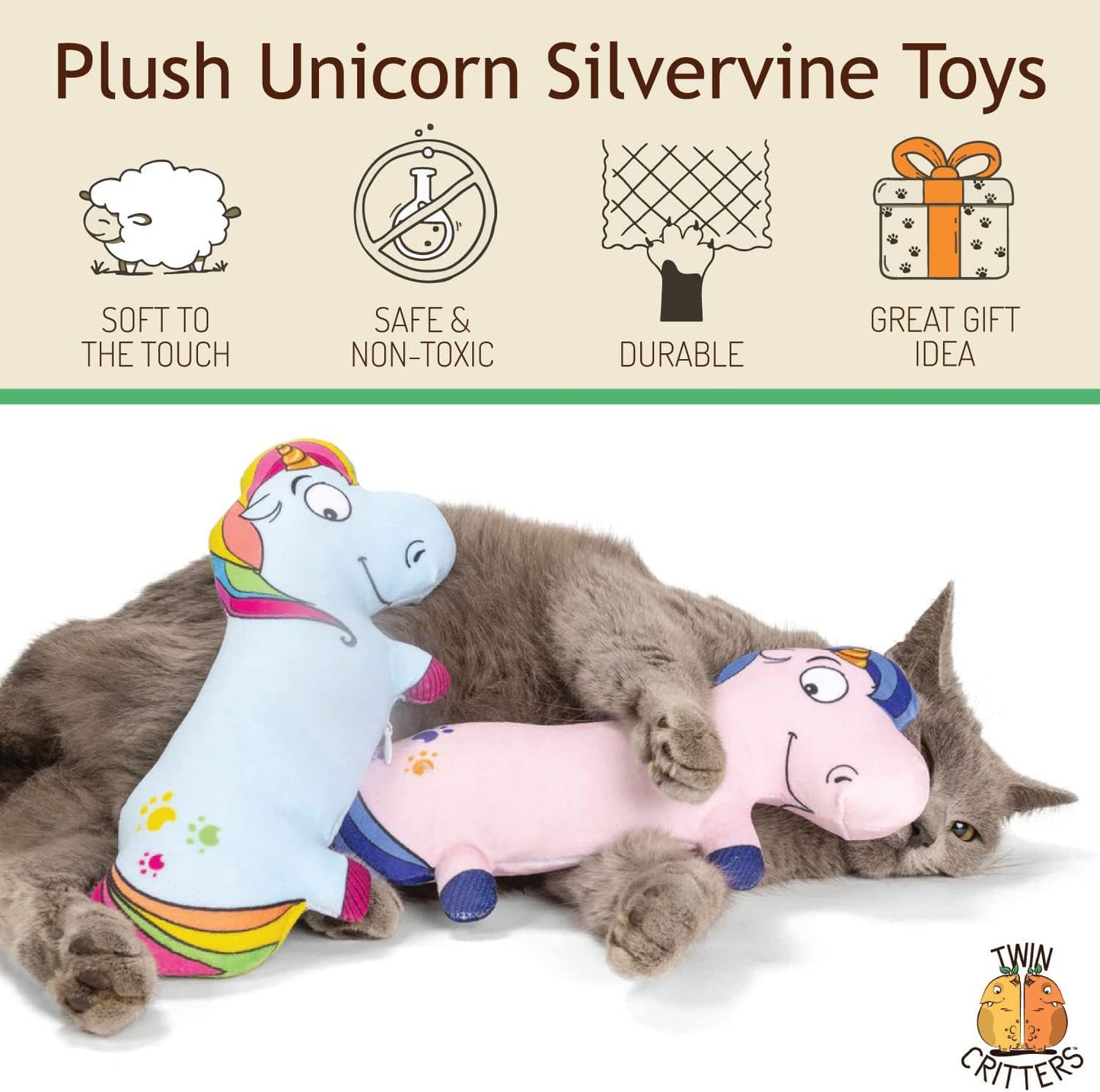 Silvervine Unicorn 2-Pack Organic Catnip Substitute Toys for Cats & Kittens | 100% All-Natural Wild Harvested | 2 Refillable Unicorn Kicker Cat Toys