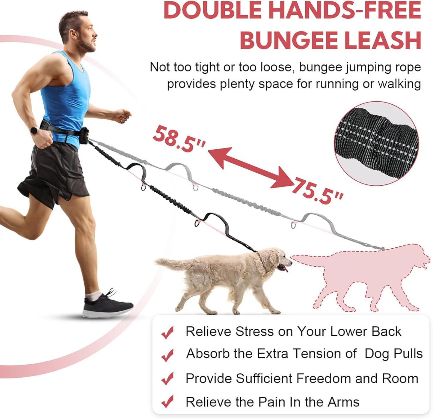 Hands Free Dog Leash, Waist Leash for Dog Walking, Hiking and Running,Adjustable Belt with Double Handle, Dog Leash for Large Dogs and Medium Dogs, Dog Walking Accessories,Tangle Free,No Pull
