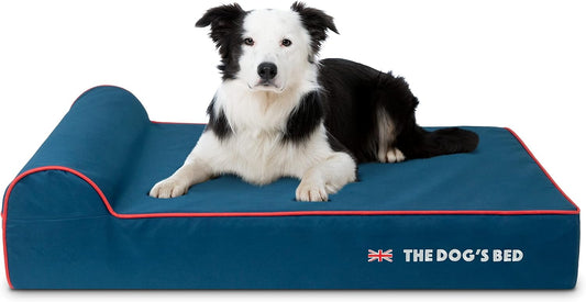 The Dog’s Bed Orthopedic Headrest Dog Bed Large Blue Oxford with Red Trim UK Flag Dog Bed 40x25, Memory Foam, Hip & Elbow Dysplasia, Post Surgery Veterinary Approved, Waterproof Washable Cover