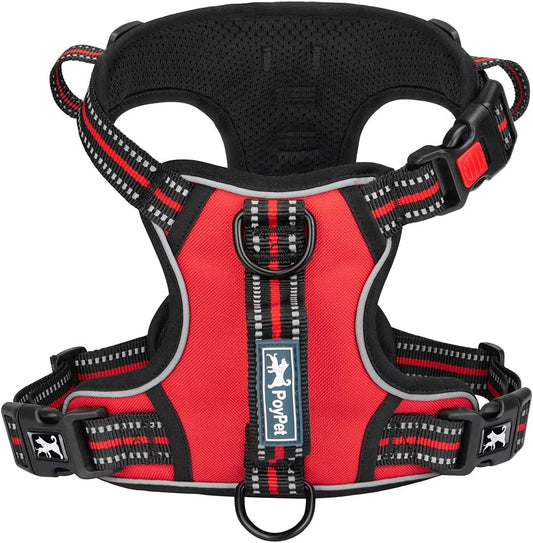 PoyPet No Pull Dog Harness, No Choke Front Clip Reflective Dog Vest with Soft Padded Vertical Handle, 3 Leash Attachments for Small Medium Large Dogs (Red,XL)