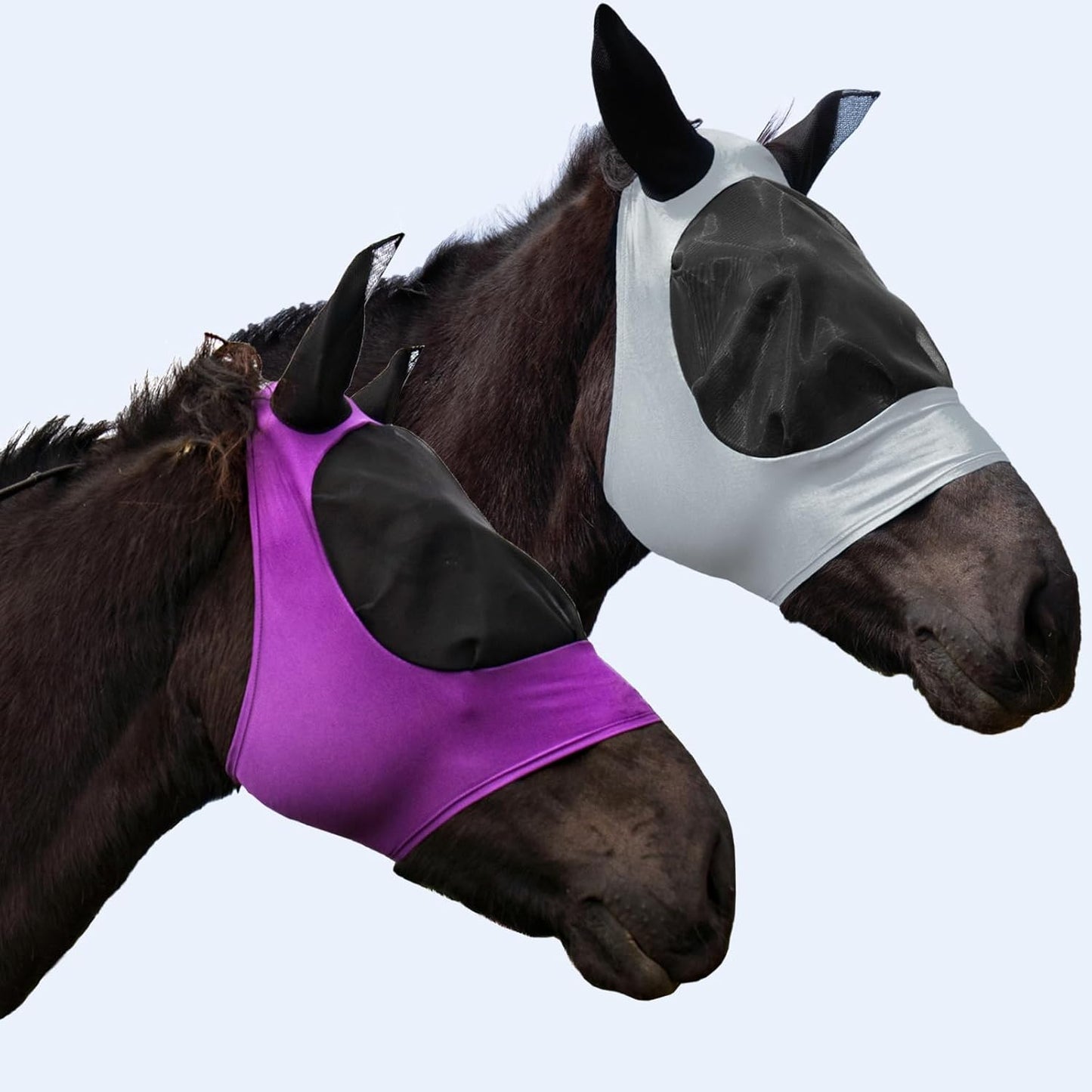 2 Piece Horse Fly Mask with Ears, Comfortable Fit Stretch Fabric Big Eye Space Soft Breathable with UV Protection for Full Horses (Purple-Gray)