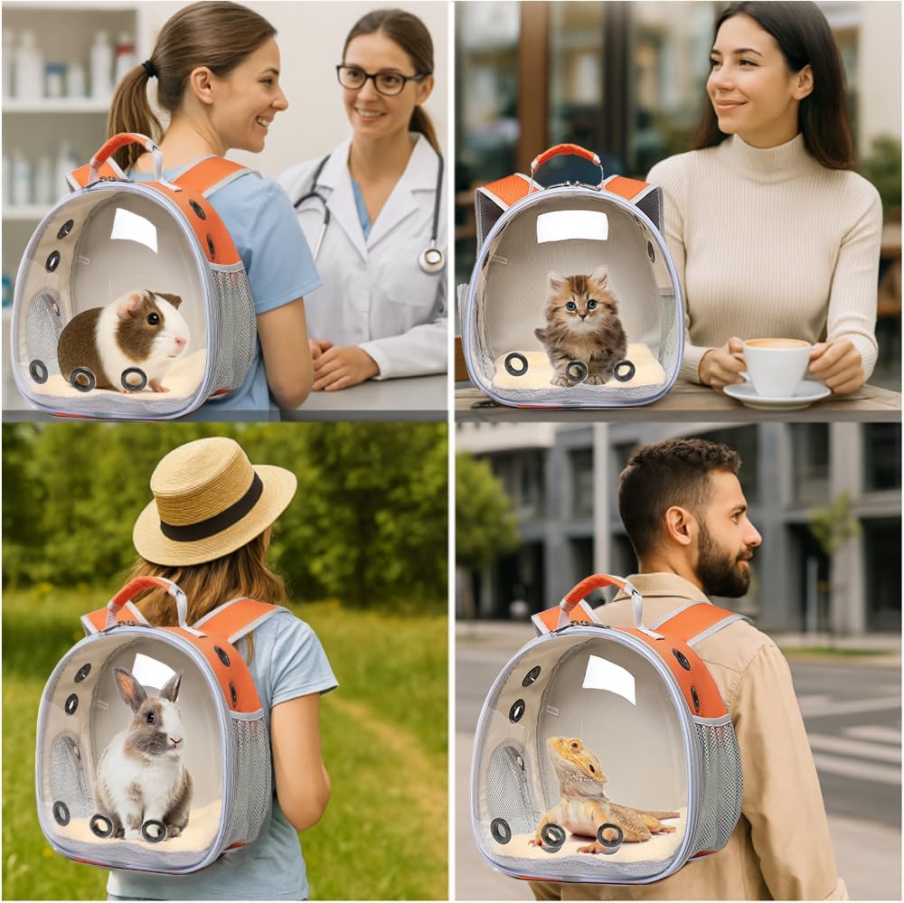 Bunny Carrier, Guinea Pig Carrier,Small Animal Carrier Backpack for Rabbit,Bearded Dragon, Lizard,Hamster,Kitten. Breathable Pet Travel Cage Bag (Orange)