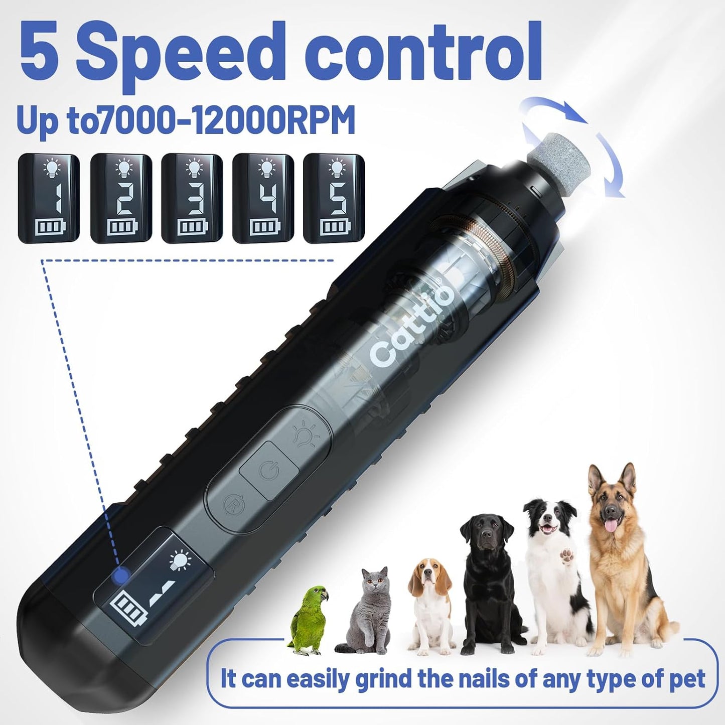 Dog Nail Grinder - Professional Electric Dog Nail Trimmer for Dogs & Cats Quiet Painless Grooming & Smoothing Dog Nail Clipper & File Included - Suitable for Small Medium Large Pets (Black)