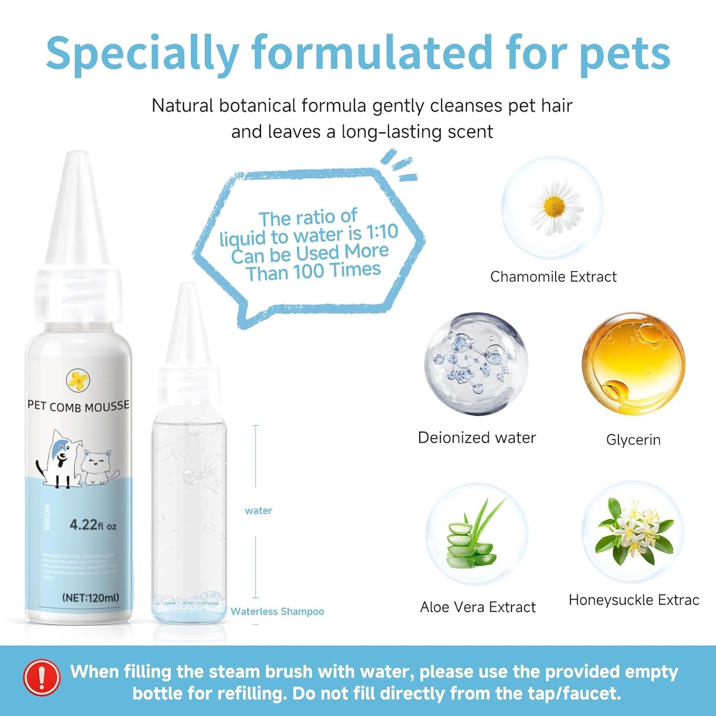 Pet Steam Brush for Dog & Cat - 3-in-1 Steam Grooming Brush for Shedding & Hair Removal - Self Cleaning Spray Comb with Mist for Long Haired Pets - Includes 1*Waterless Shampoo, Blue