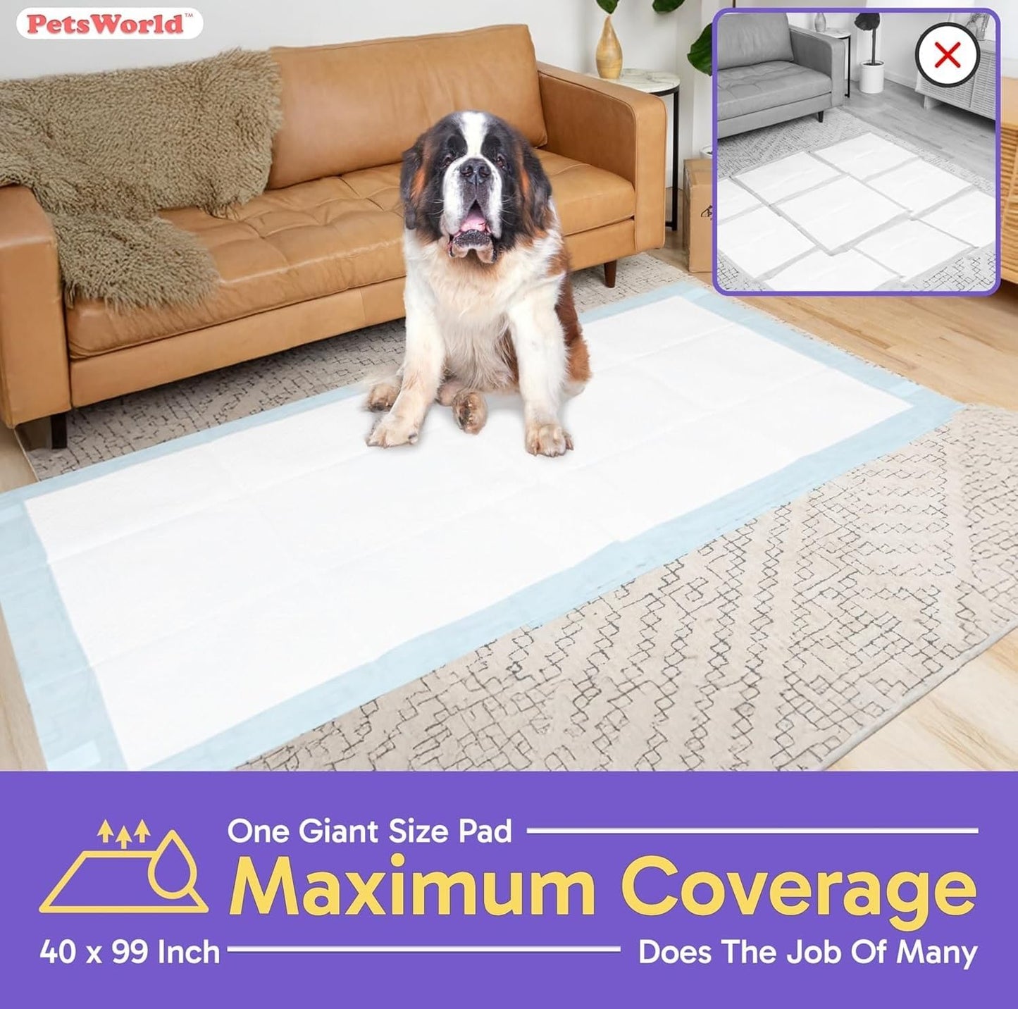 PETSWORLD Mega-Sized Dog Pee Pads (40" x 99") – 4XL Gigantic Pet Piddle Pads for Puppy Training, Incontinence – with Adhesive Sticky Tape – Leak Proof, 5-Layer Protection (160 Count)