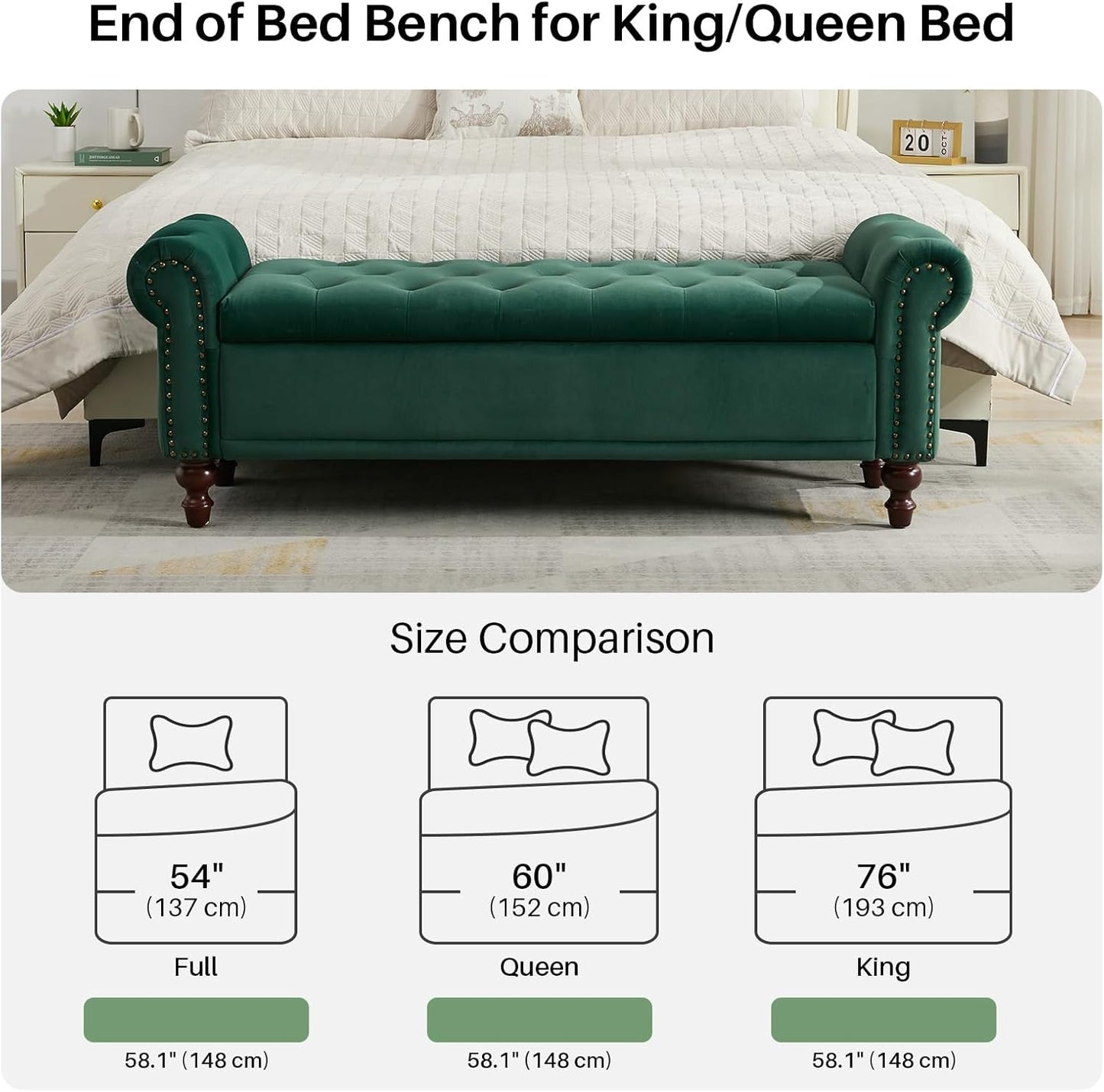 58.1'' Storage Bench Upholstered Velvet End of Bedroom Bed Bench Ottoman with Tufted Cushioned Rolled Arm Large Storage Space for Reading Living Room Entryway,Dark Green