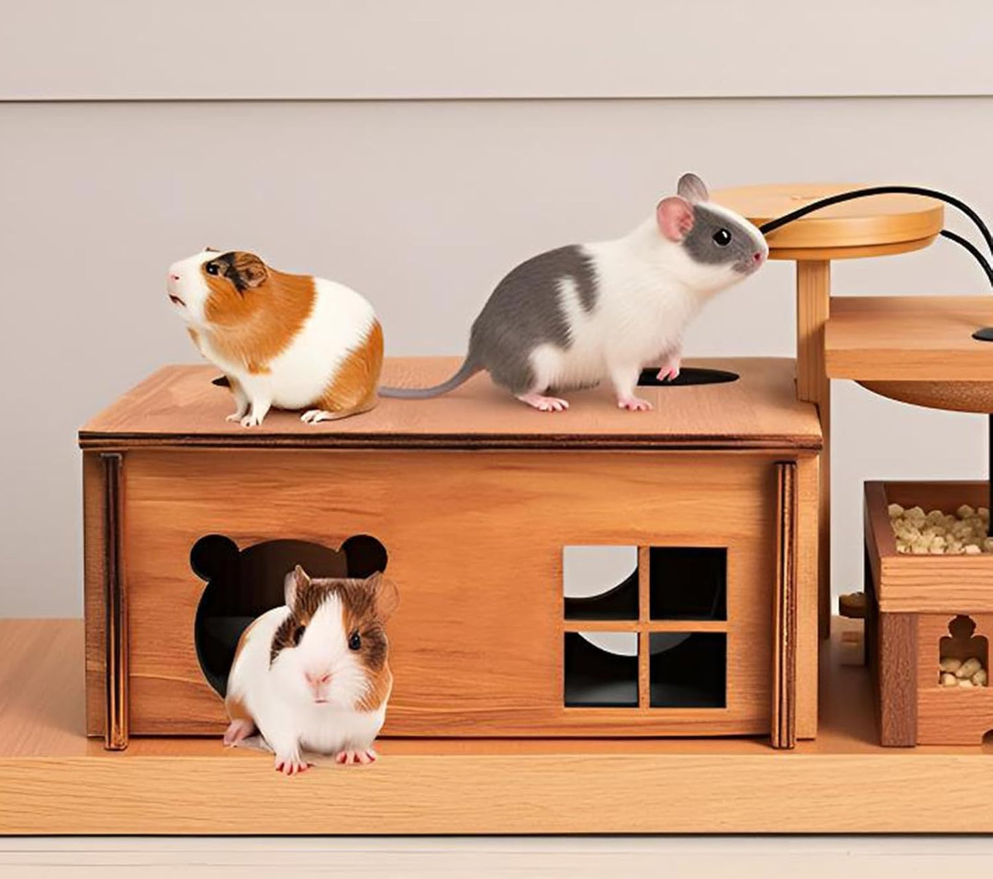 Hamster Multi Chamber Maze Hideout: Wooden Maze Tunnel House Exploring Toys for Hamster Gerbils Mice Guinea Pig Chinchillas, Small Animals Hideout and House - Brown