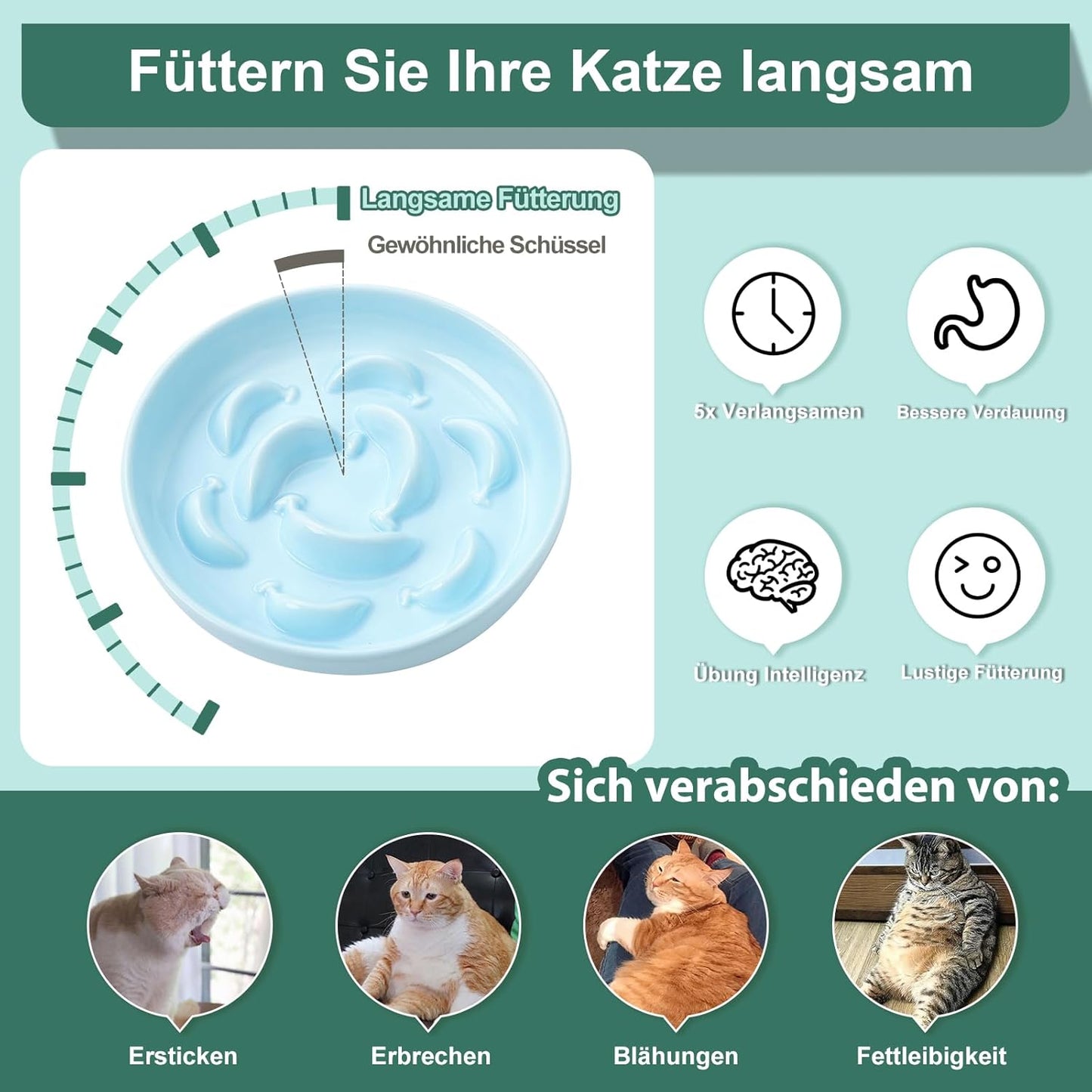 Ceramic Cat Slow Feeder Bowl - Pastel Series Cat Plate for Dry and Wet Food - Cute Maze Feeder Dish for Healthy Eating - Dishwasher Safe - 6.3''W x 1.2''H - 7 OZ - Pale Blue