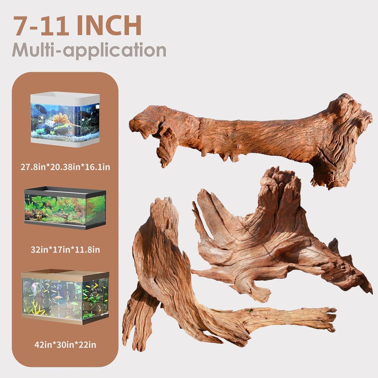 Natural Aquarium Driftwood for Fish Tanks & Reptile Terrariums – Safe Fish Tank Decorations, Unique Twisted Branches 3-Piece 7-11 Inch Low Tannin, Easy to Sink