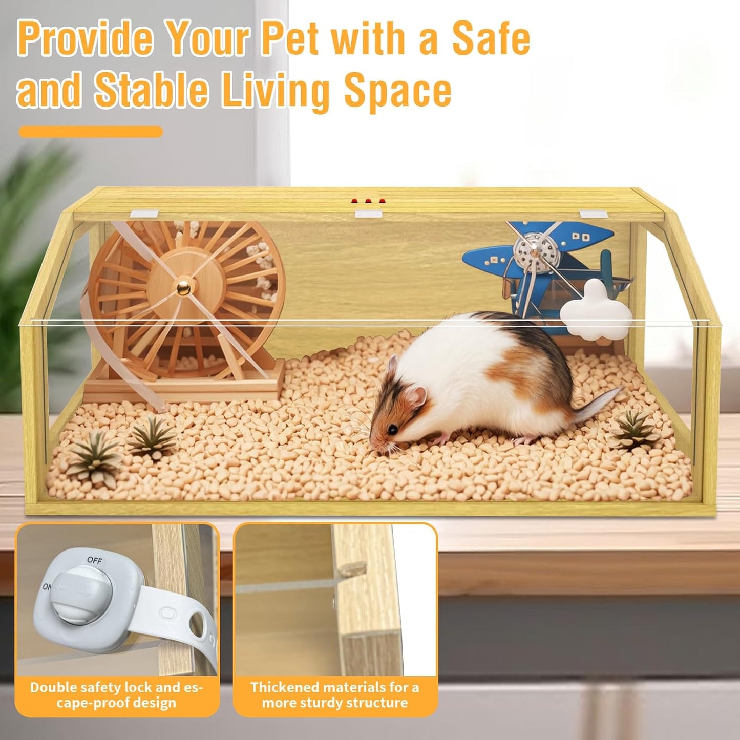 Large Hamster Cage, Chewproof Large Hamster Habitats, Wooden Guinea Pig Cages, Openable Top Roof, Lockable Gerbil Cage, Small Animal Cage for Dwarf, Syrian, 48" L x 20" W x 20" H