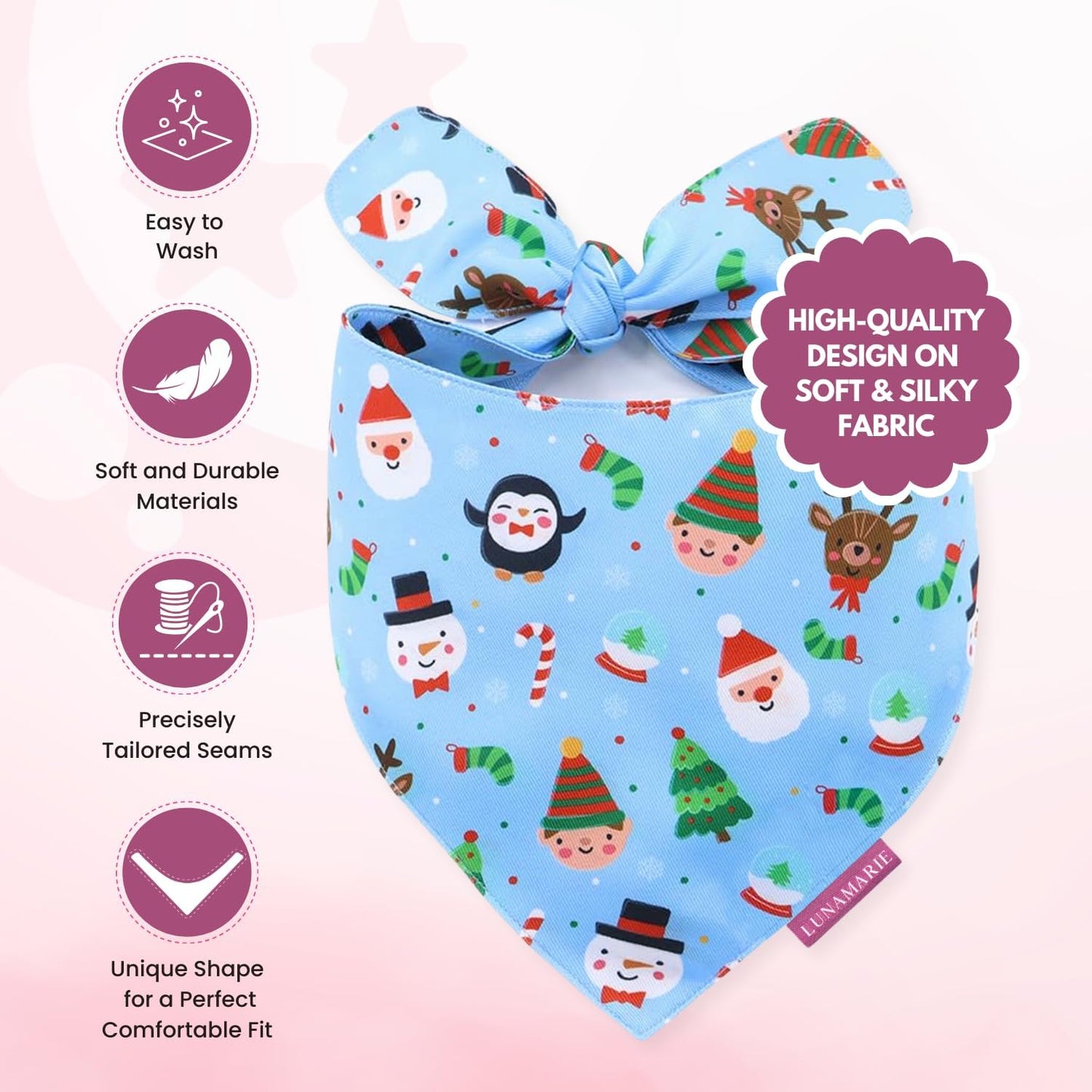LunaMarie - Luxury Pet Birthday Bandanas -Premium & Silky Poly Fabric | 100% Handmade | Custom Shape Dual Layered (Santa's North Pole, Large)