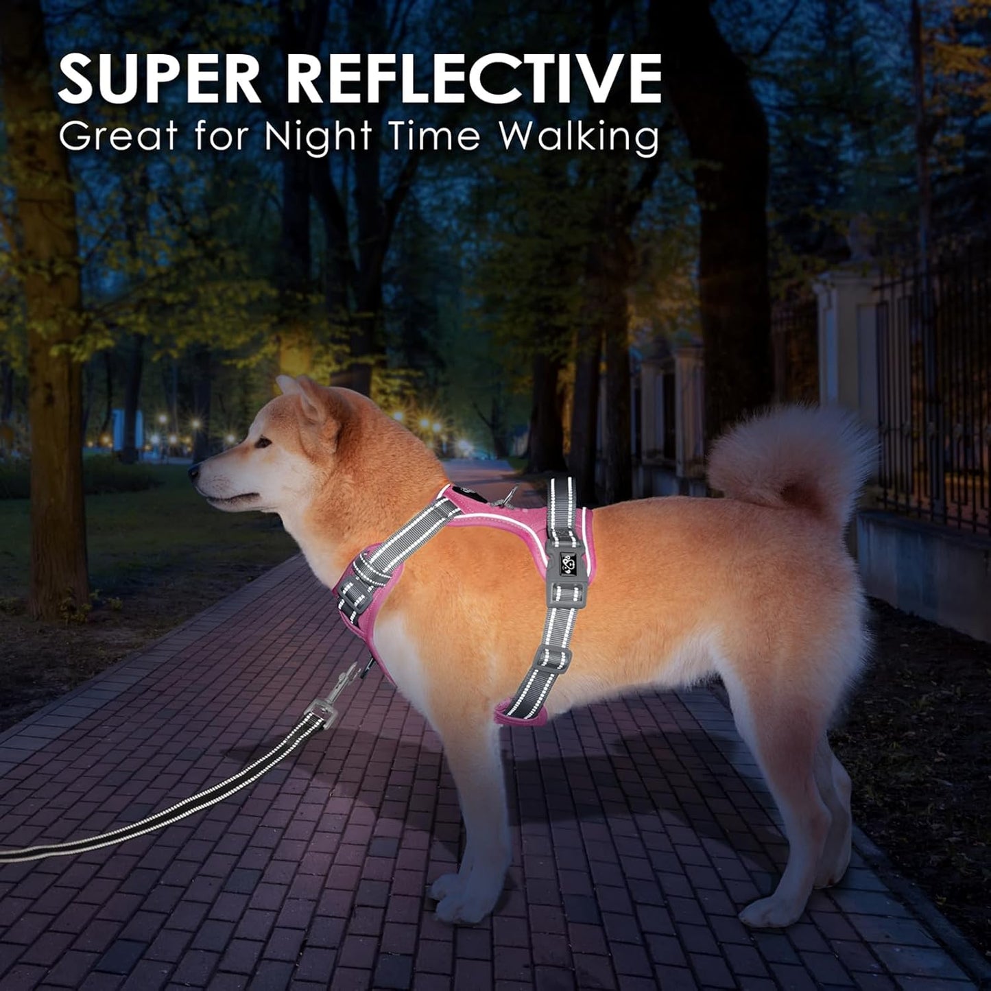 PHOEPET No Pull Dog Harness, Unique Colors Reflective Adjustable Dog Vest, with Soft Training Handle Metal Clips for Small Medium Large Dogs (Baby Pink Base & Grey Straps,XL)