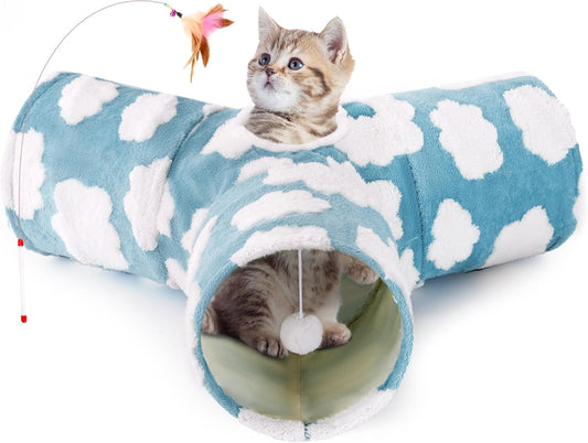Tempcore Flannel Pet Cat Tunnel Tube Cat Toys 3 Way Collapsible, Cat Tunnels for Indoor Cats, Pet Toys Peek Hole Toy Ball Puppy, Kitty, Kitten, Rabbit, Cloud Blue