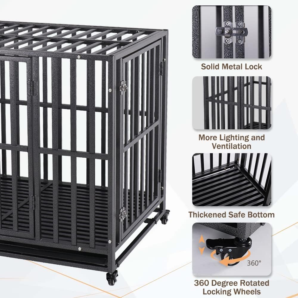 LUCKUP Heavy Duty Dog Crate-42 inch Large Metal Dog Cage with 2 Doors and 4 Wheels, Stackable Dog Kennel for Large & Medium Dogs, Removable Tray
