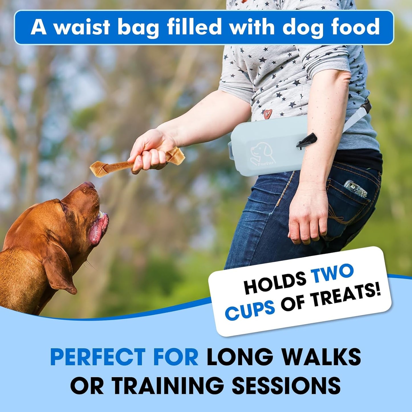 Dog Treat Pouch with Clicker & Poop Bag Holder – Waterproof Silicone, Adjustable Waist Belt for Training & Walking – Puppy Treat Pouch for Pet Training (Blue)