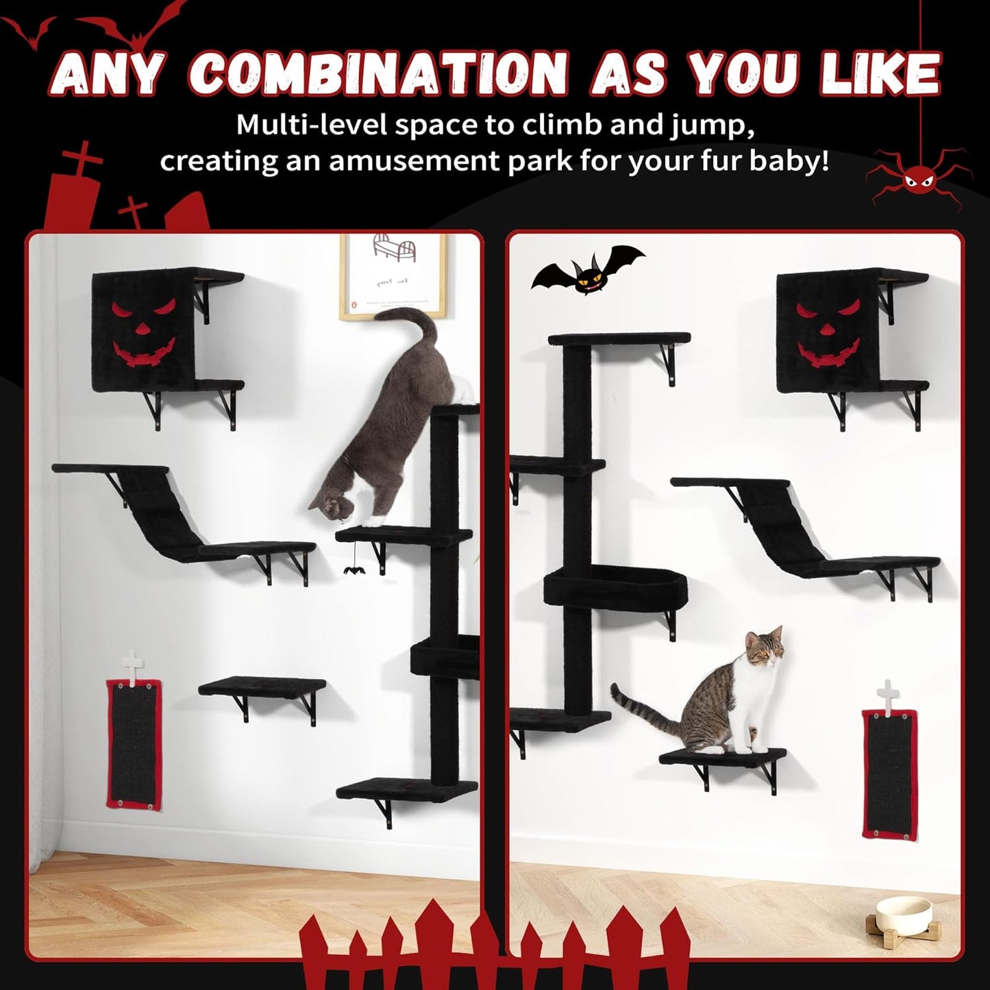 COZIWOW Wall-Mounted Cat Tree | Space-Saving Feline Furniture with Multiple Levels | Durable Scratch Post for Indoor Cats, Black&Red