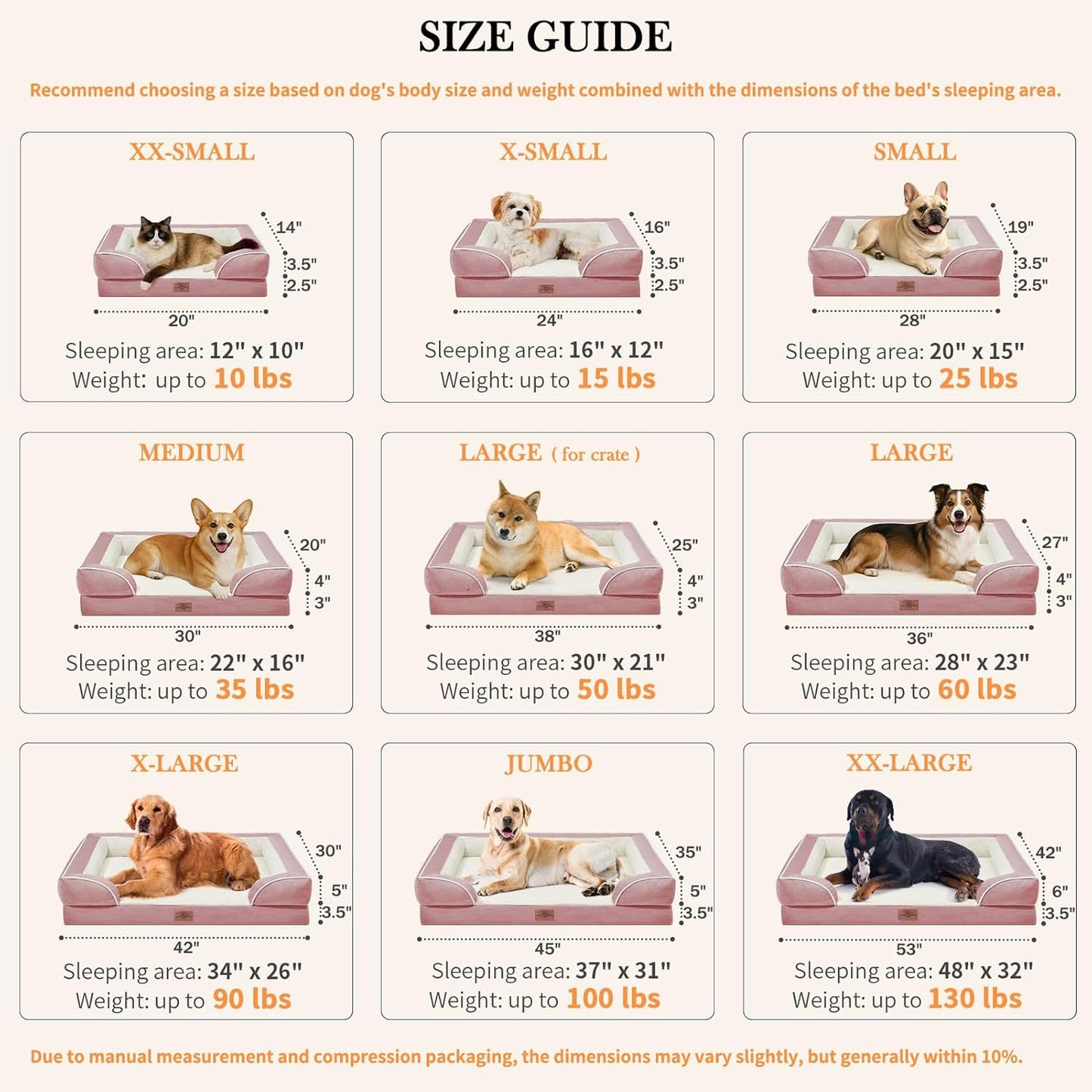 Comfort Expression Large Dog Beds Waterproof Orthopedic Foam Dog Sofa Beds Comfy Pet Bed with Washable Removable Cover & Non-Slip Bottom(Large,Pink)