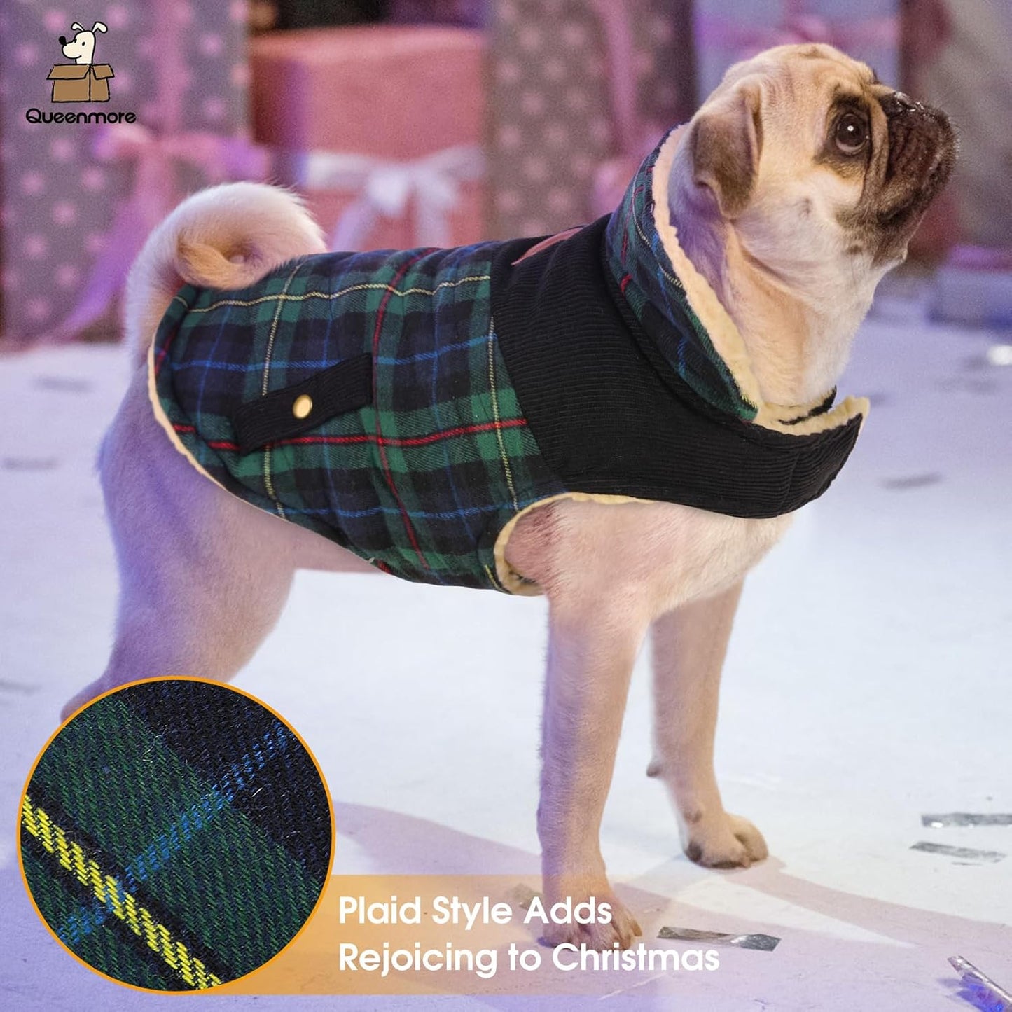 Queenmore Dog Winter Coat Warm Dog Jacket for Cold Weather, Quilting Puffer Plaid Coats for Small/Medium Dogs Waterproof,Girl/Boy Pet Christmas Coat,Pet Snowsuit with Leash Hole/Fleece Padding, XS