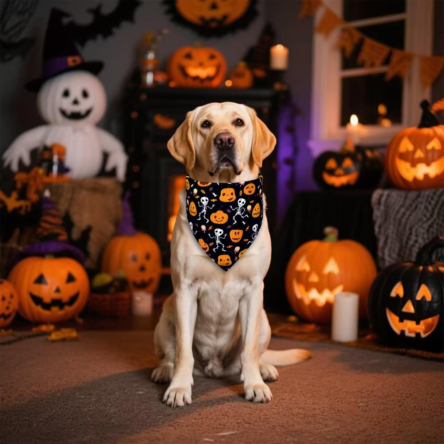 Halloween Dog Bandana for Large Dogs - Reversible Black Skull Pumpkin Print Scarf - Soft & Quick-Dry for Costume Parties