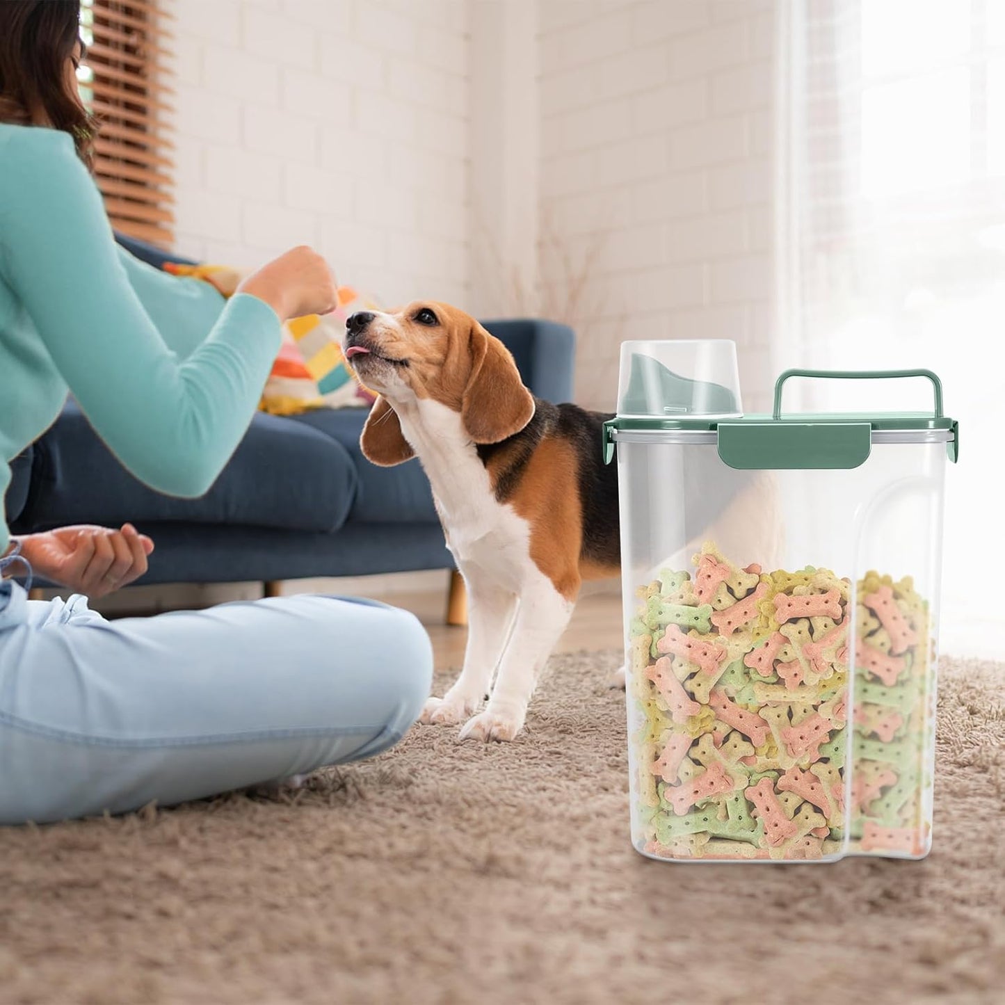 Dog Food Storage Container, Upgraded Large Nozzle BPA-free, 8-12 LBS Plastic Pet Food Storage Containers, With 4 Sealed Clasps, 1 Measuring Cup and Handle (2, Green+Dark Green, 5L)