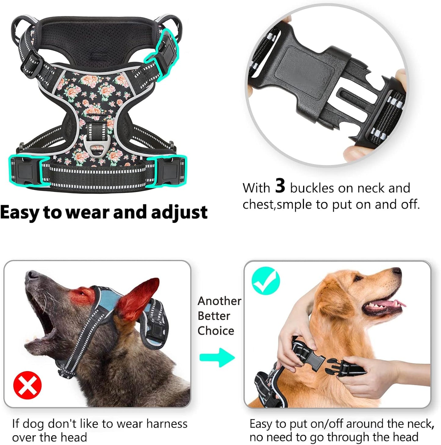 Timos Dog Harness, No-Pull Pet Harness with 2 Leash Clips, 3 Snap Buckles Adjustable Soft Padded Dog Vest, Reflective No-Choke Pet Oxford Vest with Easy Control Handle for Small Medium Large Dogs