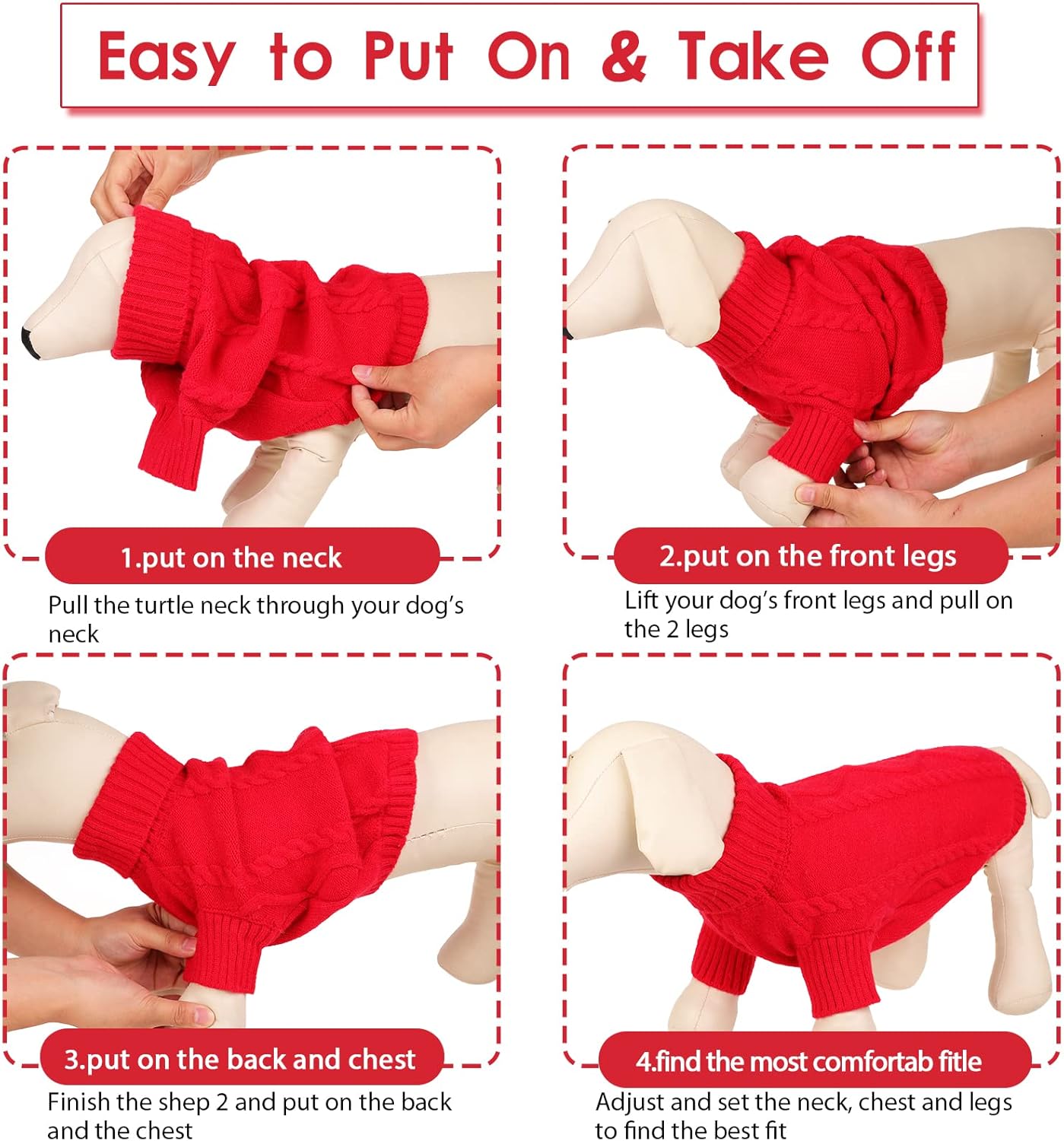 Queenmore Small Dog Pullover Sweater, Cold Weather Cable Knitwear, Classic Turtleneck Thick Warm Clothes for Chihuahua, Bulldog, Dachshund, Pug (Red, Small)