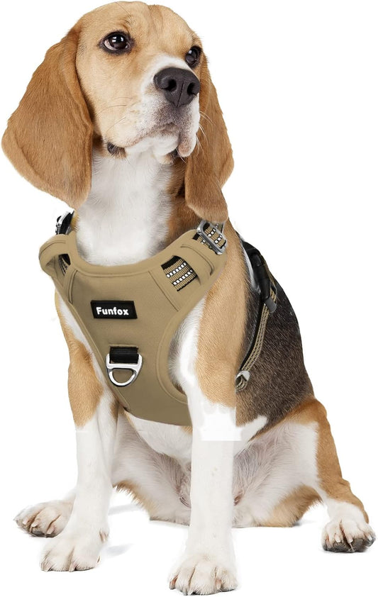 Funfox Dog Harness No Pull, Adjustable Pet Vest Harness, Super Soft Material with Vertical Handle Easy Control, Reflective Night Walking, 2 Leash Clips for Medium Sized Dogs, Brown, M