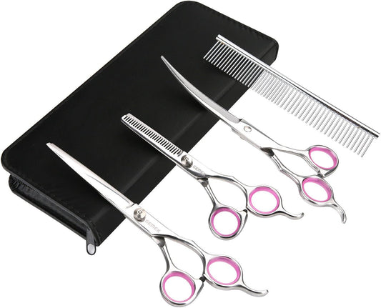 GEMEK Pet Cat Dog Grooming Scissors Set 4 Pieces Stainless Steel Professional Pet Trimmer Kit - 7.5 inch Straight Cutting, Thinning Shears, Curved, Grooming Combs