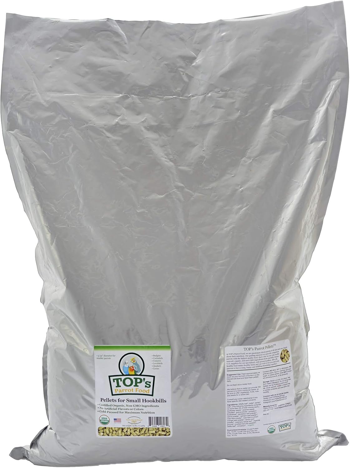 TOP's Parrot Food Bird Pellets for Small Hookbills - Non-GMO, Peanut Soy & Corn Free, USDA Organic Certified - 25 lb Bag