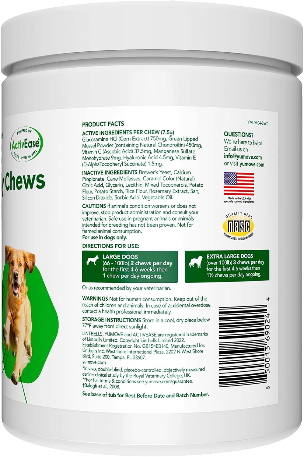 YuMOVE Hip & Joint Supplement for Dogs - with Glucosamine Chondroiton, Green Lipped Mussel, Hyaluronic Acid, and Omega 3 Joint Supplement for Stiffness and Mobility 60 Chews (Large/XL Dogs)