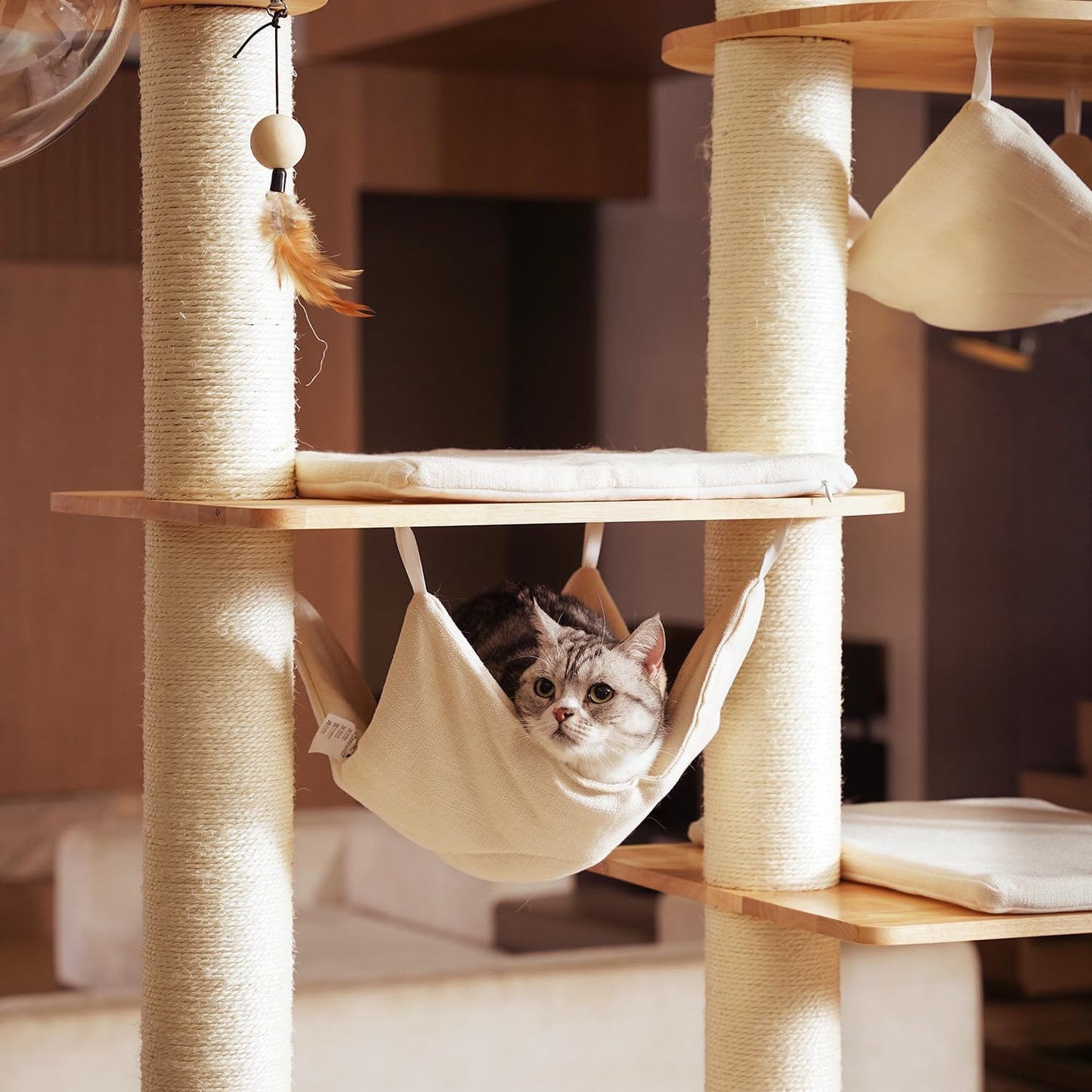 Wood Cat Tree for Indoor Cats, Modern Cat Tower, Unique Cat Condo with House, Tall Luxury Furniture with Heavy Duty Wide Base, Kraft Paper Rope Scratching Post, Removable Cushion (96.5-118.1 inch)
