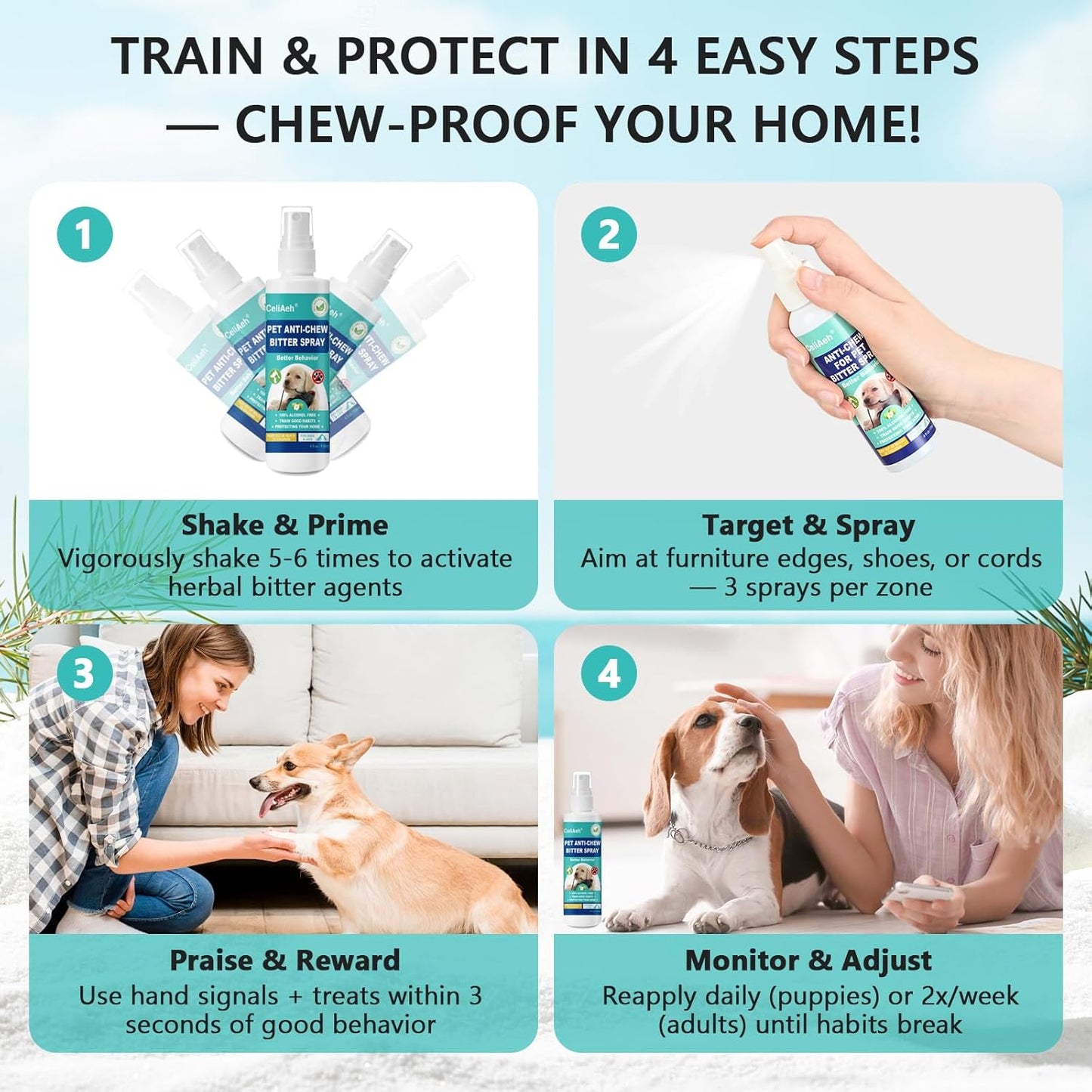 Bitter Apple Spray for Dogs 118 ML - Stop Chewing & Licking, Puppy Training Aid, No Chew Deterrent for Furniture, Shoes, Wounds - Safe Formula for Indoor & Outdoor Use