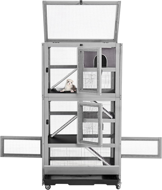 Large Ferret Cage, Chinchilla Cage with 5 Levels, Wooden Guinea Pig Cages with Wheels, Small Animal Cages with Ramp, Hideout, Pull Out Tray, for Rat, Hamster, Hedgehog