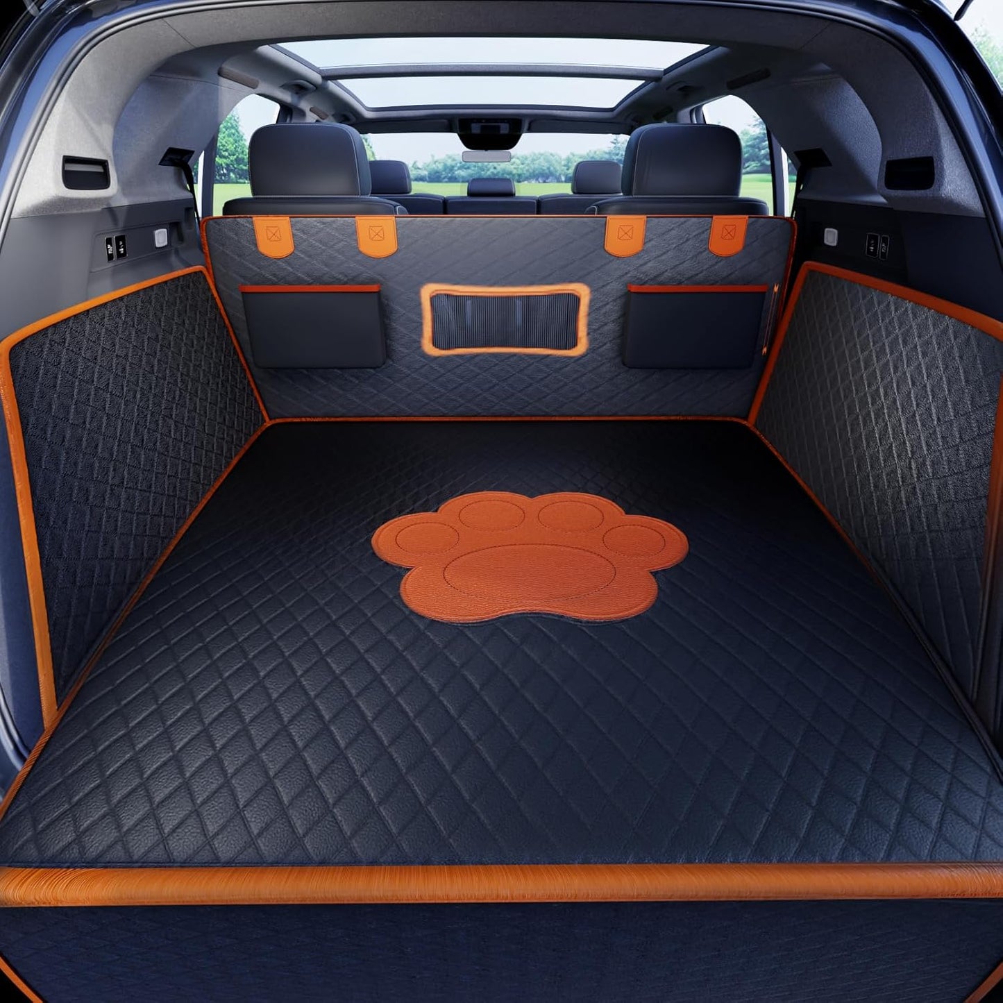 SUV Cargo Liner for Dogs, PU Leather Waterproof Pet Trunk Cargo Cover Dog Seat Mat for SUVs Sedans Vans with Bumper Flap Protector, Non-Slip, Large Size Universal Fit, Black