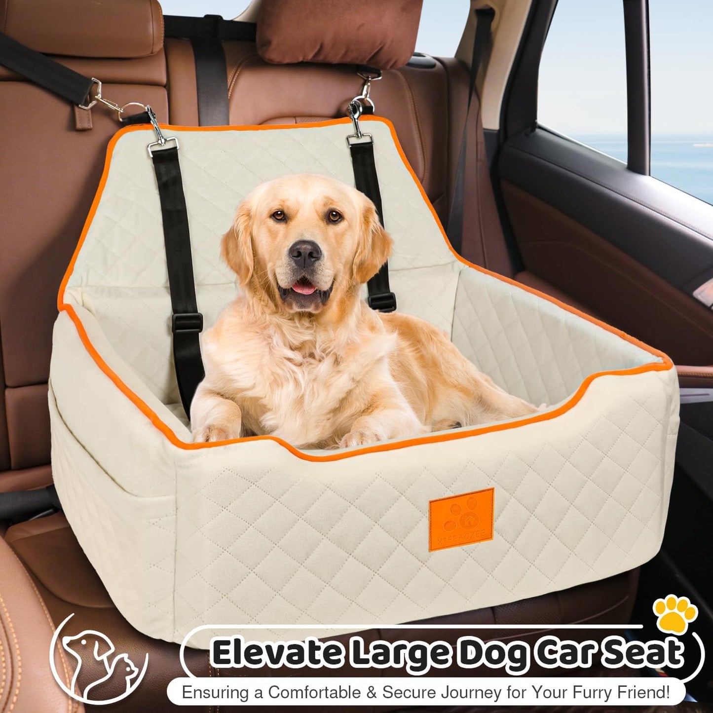 Dog Car Seat for Large/Medium Dog, Booster Seat Under 55Lbs or 2 Small Dogs, Detachable and Washable Travel Pet Seat with Thick Cushion and Storage Pockets (Beige)