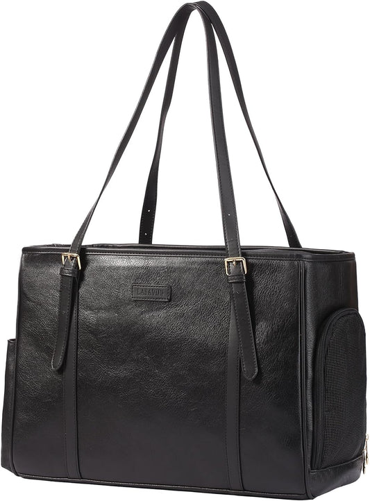 Fashion Dog Purse Pet Carrier Leather Bag for Small Dogs Cats Puppy, Portable Tote Bag Airline Approved Soft-Sided Carriers (Black)
