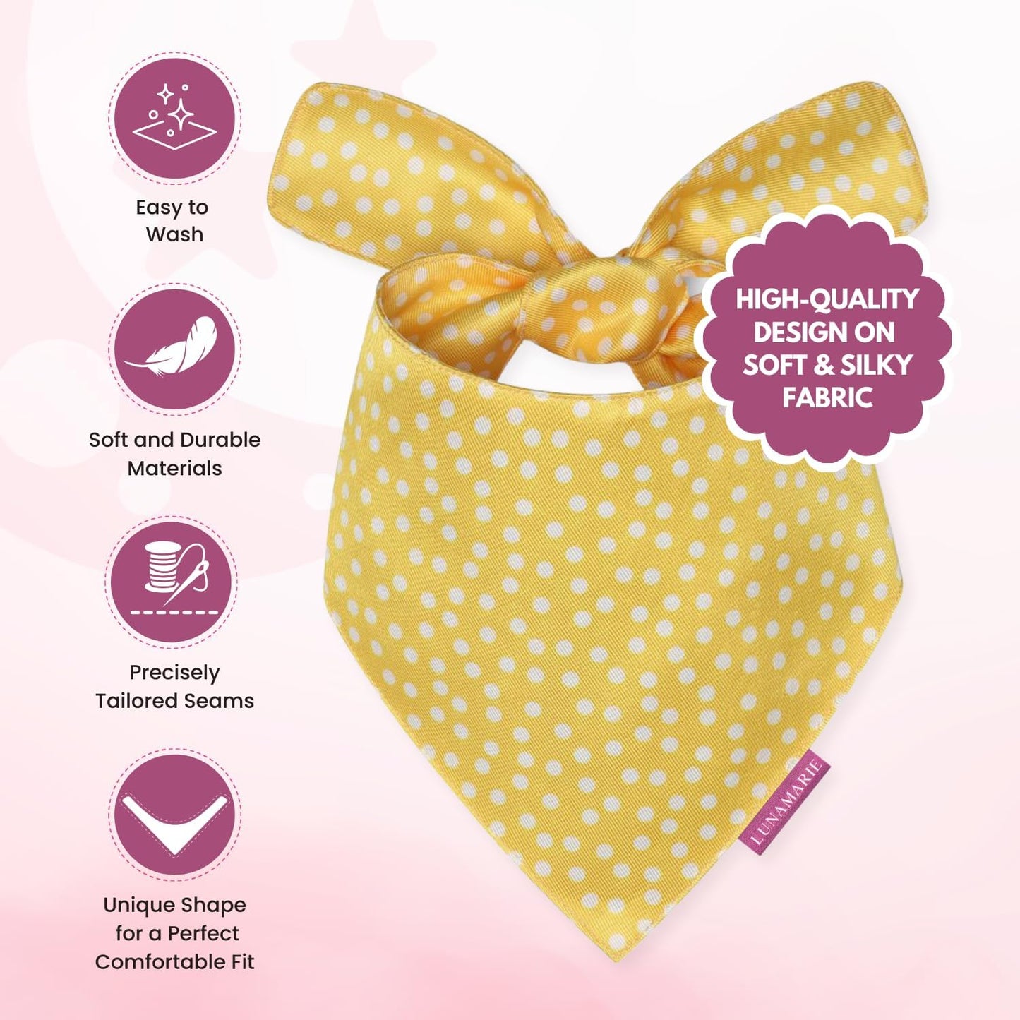 LunaMarie - Luxury Dog Bandanas - Puppy Bandanas Cat Accessories | Premium & Silky Fabric | 100% Handmade Quality | Custom Shape Dual Layered Reversible Small, Medium, Large Cat Scarf (Sophie, Small)