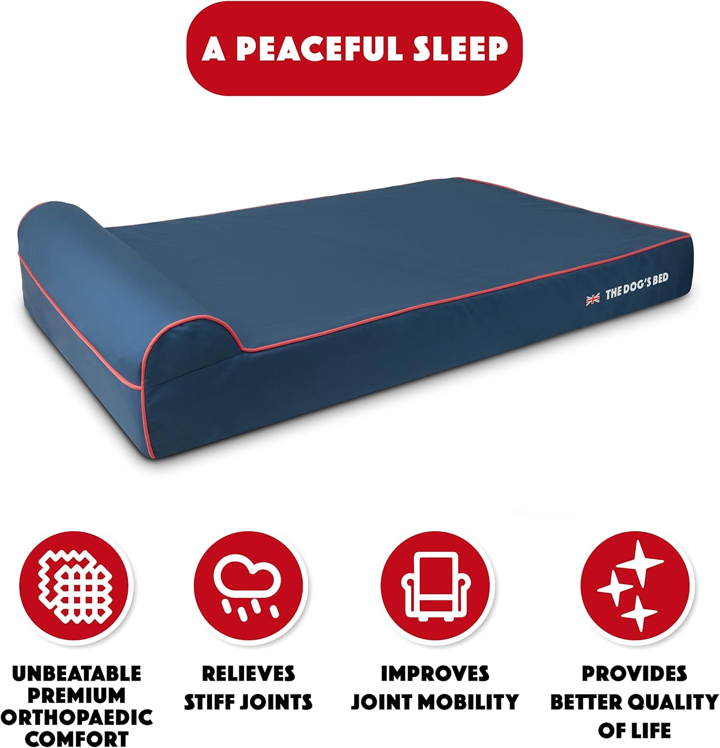 The Dog’s Bed Orthopedic Headrest Dog Bed XXL Blue Oxford with Red Trim UK Flag Dog Bed54x36, Memory Foam, Hip & Elbow Dysplasia, Post Surgery, Veterinary Approved, Waterproof Washable Cover