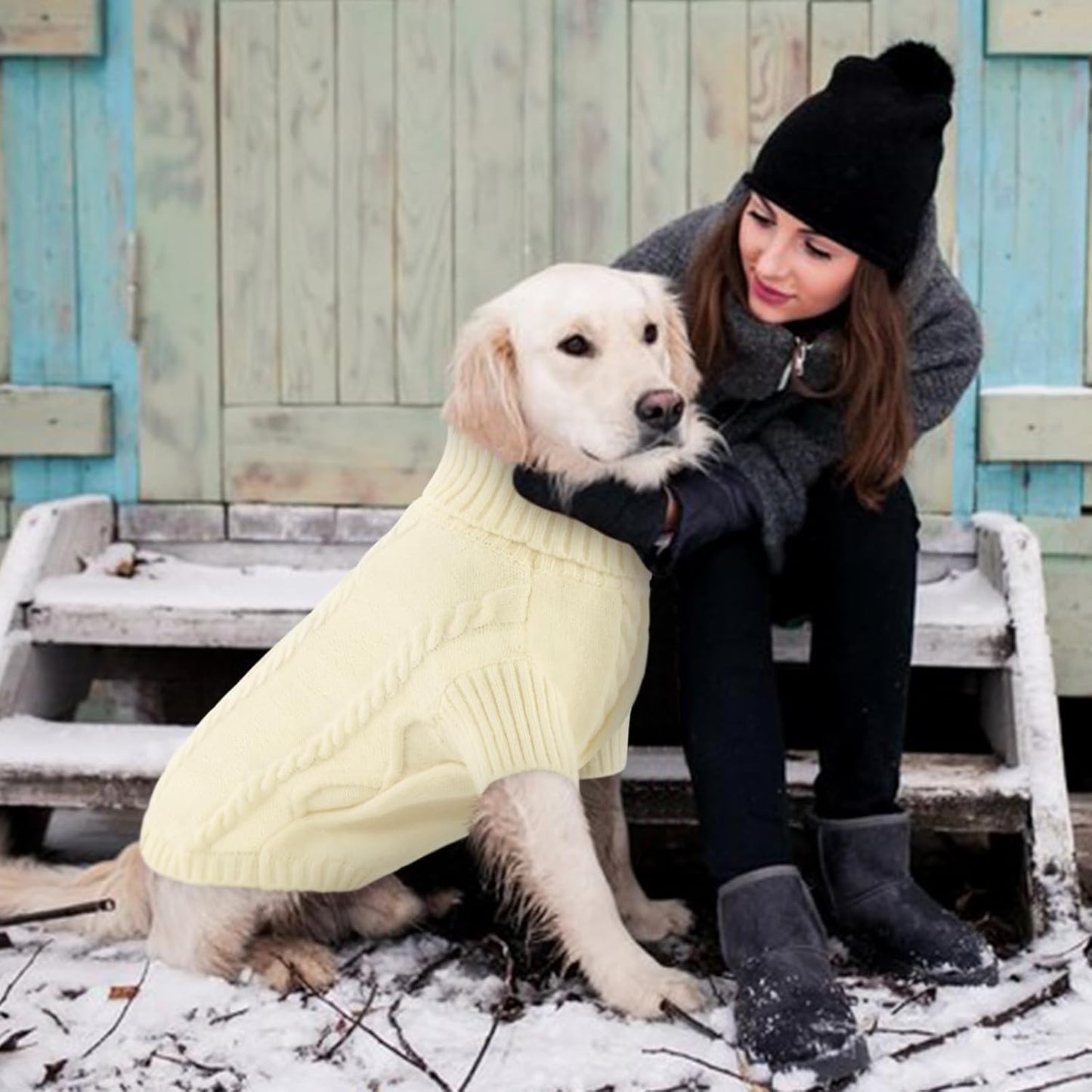 Queenmore Small Dog Pullover Sweater, Cold Weather Cable Knitwear, Classic Turtleneck Thick Warm Clothes for Chihuahua, Bulldog, Dachshund, Pug (White, X-Small)