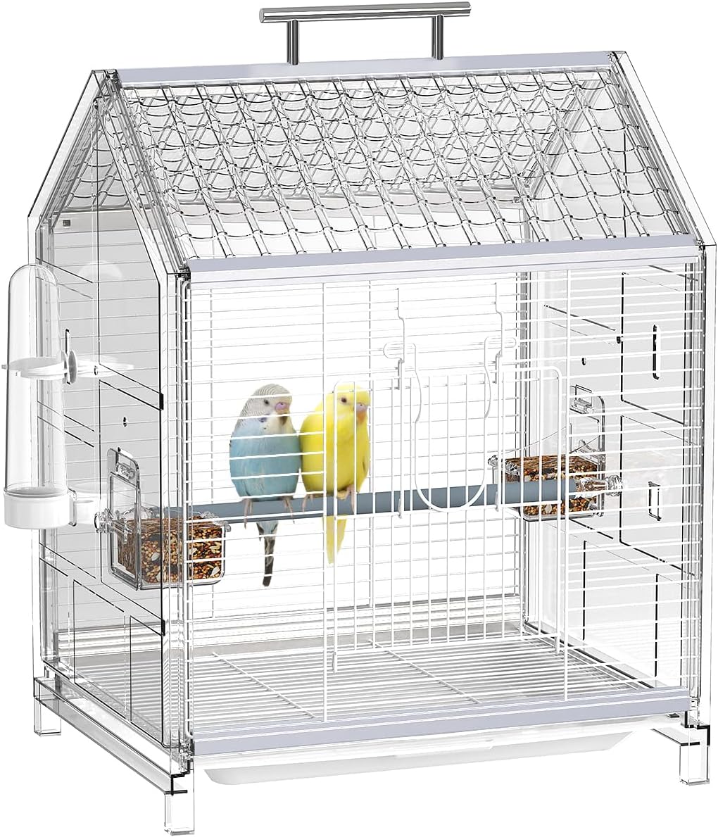 20.5 inch Pet Small Bird Cage, Parrot Cage, Portable Bird Carrier, Temporary Bird Cage in Car, for Home, Outing, Pet Clinic, Temporary Placement, for Small Medium Birds, Clear
