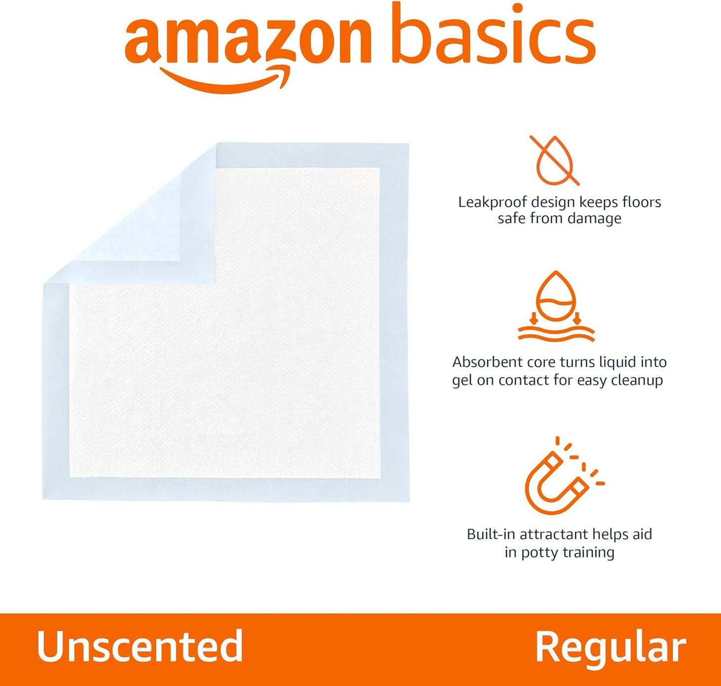 Amazon Basics Dog and Puppy Pee Pads, 5-Layer Leak-Proof Super Absorbent, Quick-Dry Surface, Potty Training, Regular (22x22"), 50 Count, Blue & White