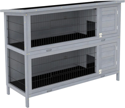 PawHut 54" 2-Story Large Rabbit Hutch Bunny Cage Wooden Pet House Small Animal Habitat with Lockable Doors, No Leak Tray and Waterproof Roof for Outdoor/Indoor Grey