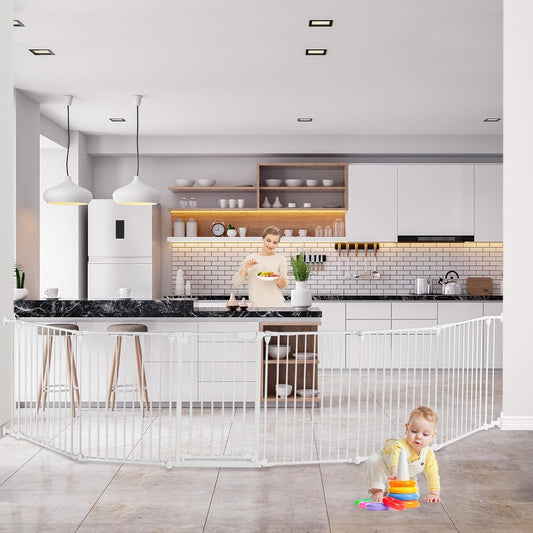 Extra Wide Baby Gate, 30" Tall 142" Wide Configurable Baby Gate Fireplace Safety Fence, Metal Pet Safety Playpen for Toddler/Pet/Dog Christmas Tree Fence (Whtie, (6-Panel))