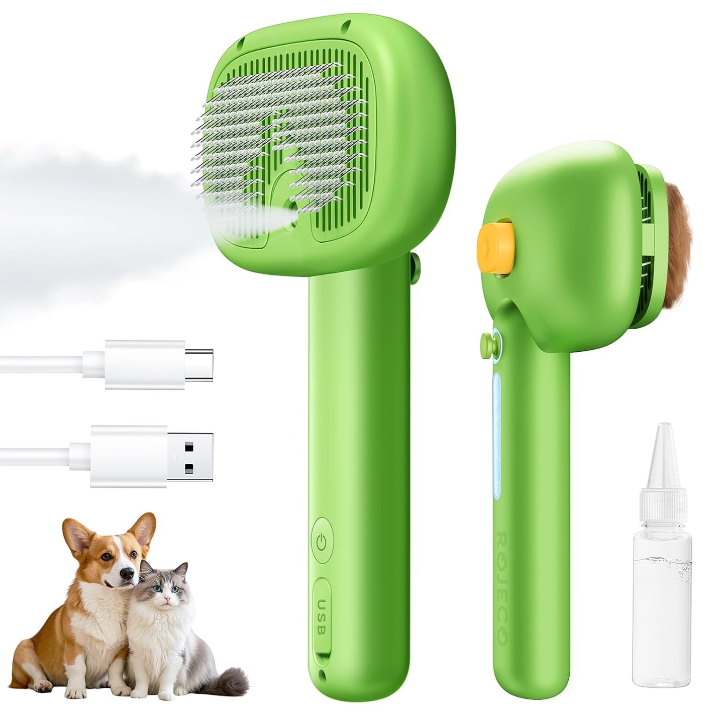 ROJECO 3-in-1 Pet Steam Brush for Cats&Dogs - Detangling Comb with Adjustable Mist, Handheld Deshedding Grooming Tool for Long/Short Hair, Massage Brush & Shedding Control Gift,Cordless (Green)